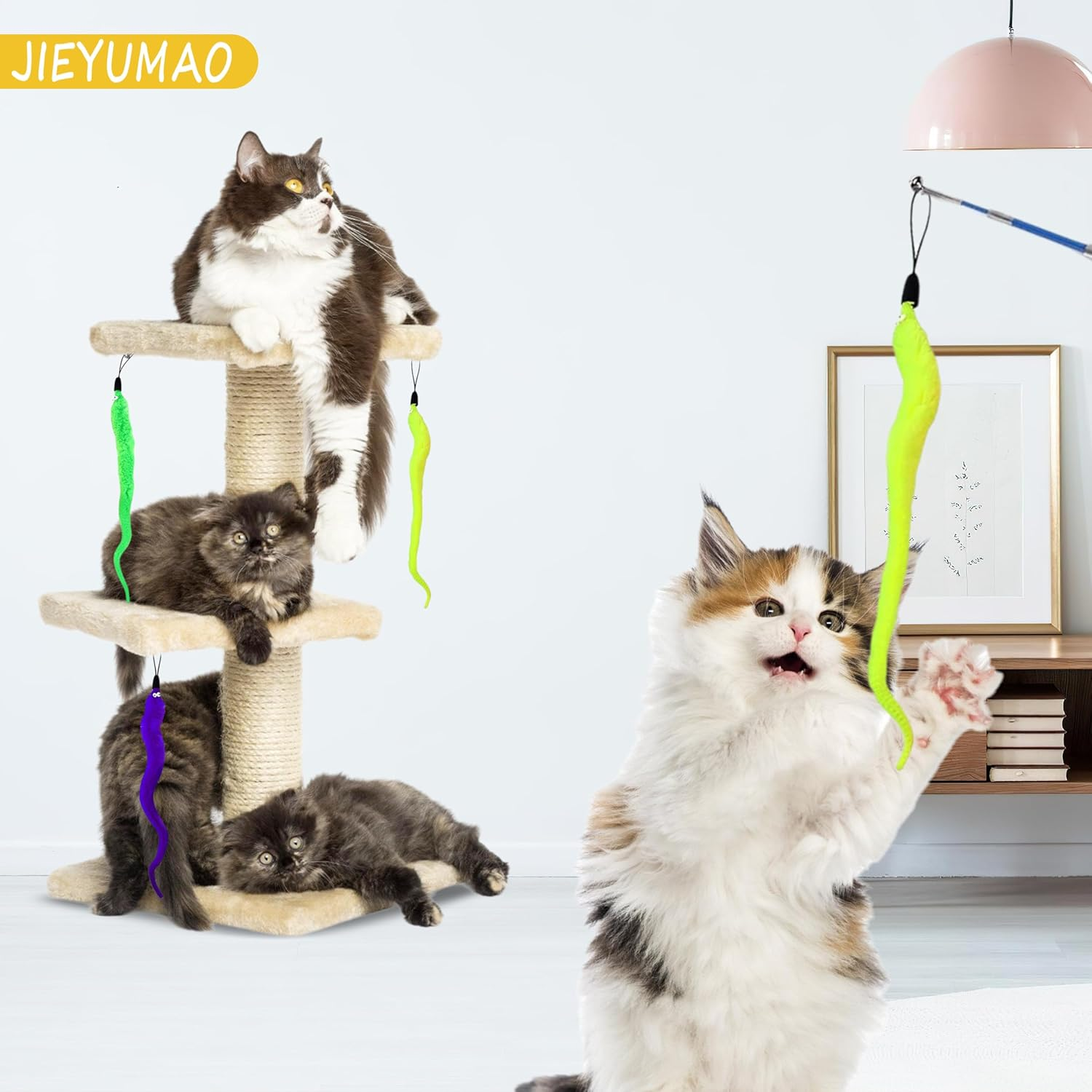 12Pcs Cat Wand Attachments, Various Styles Cat Worm Toy Refills with Bell, Multicolor Cat Feather Toys Refills Interactive Teaser Toy Refill Cat Feather Toys Replacement for Indoor