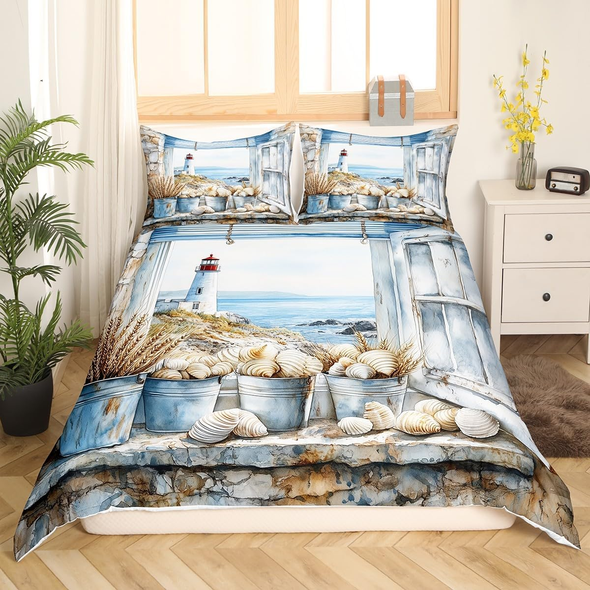 Homewish Beach Seaside Comforter Cover Lighthouse Ocean Duvet Cover 200 X 200 Cm for Adults Men Teens Women Coastal Wood Farmhouse Bedding Set Natuical Seascape Bed Set, Blue image number 3