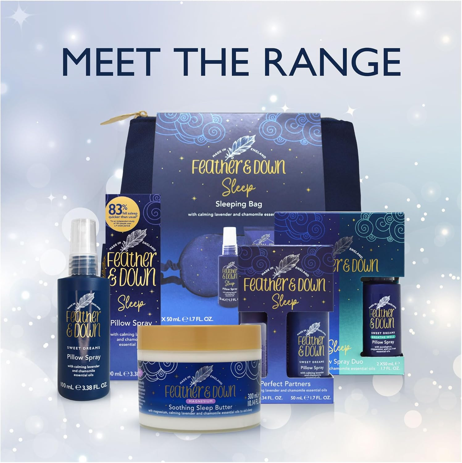 Feather & down Bathtime Bliss Gift Set (Shower Cream, Pillow Spray, Bath Essence & Body Lotion) - Bath Set with Lavender & Chamomile Essential Oils. Vegan Friendly & Cruelty Free. image number 6