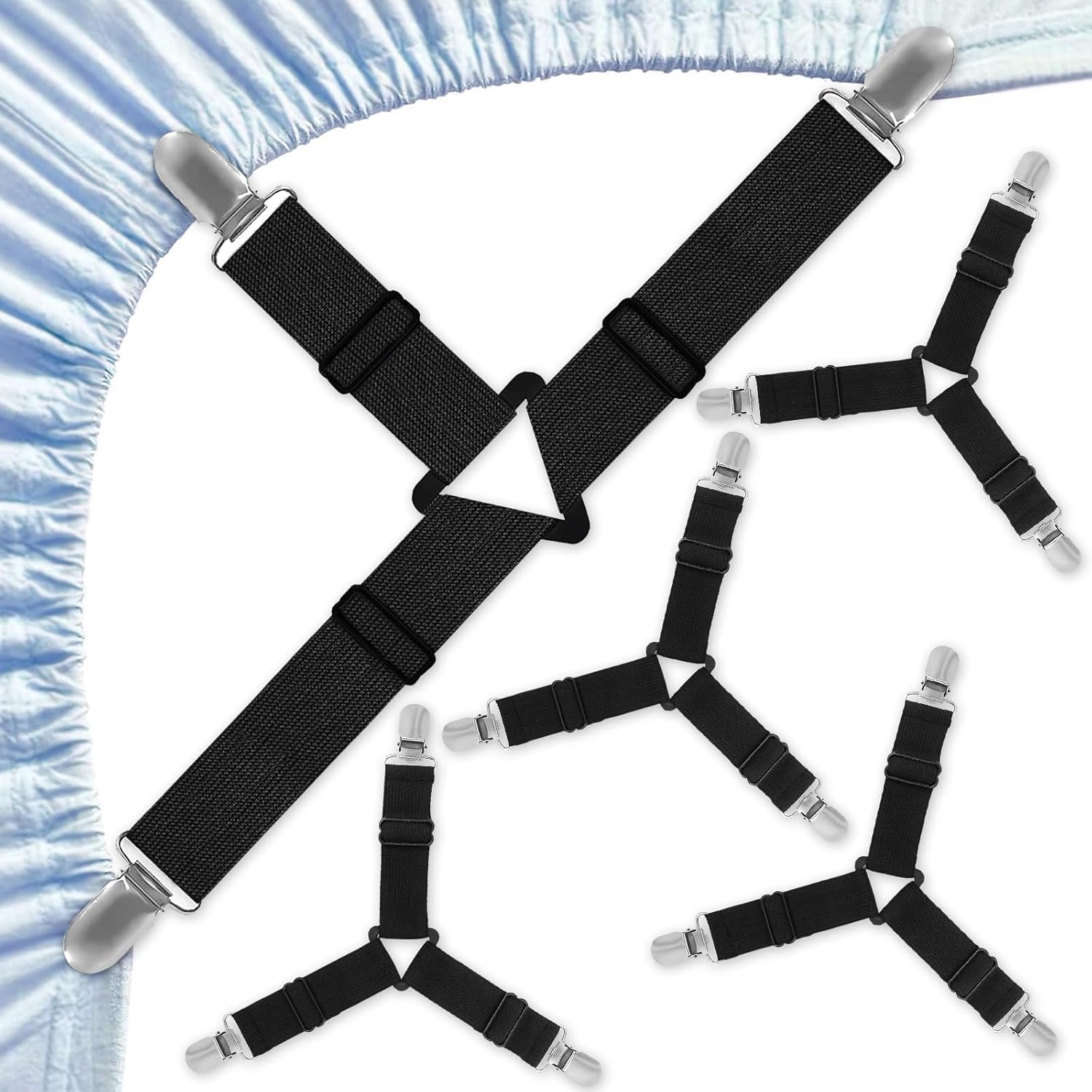 Alethron Bed Sheet Tensioners, Pack of 4 Adjustable Bed Sheet Tensioners, Elastic Bed Sheet Tensioners, Fitted Sheet Tensioners, Bed Sheet Tensioners, Bed Sheet Tensioners with Clip for Bed Linen,