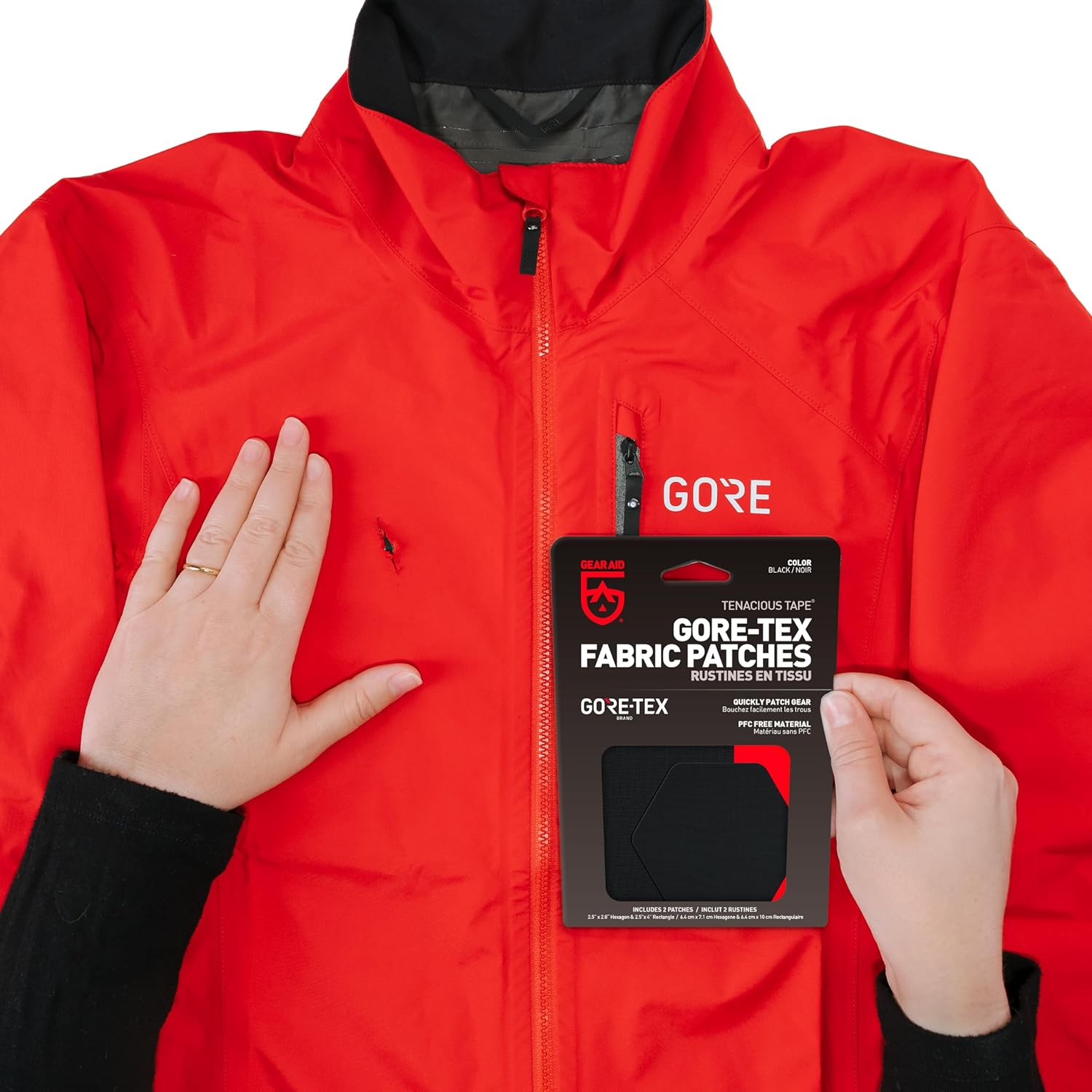 GEAR AID Tenacious Tape Gore-Tex Fabric Patches for Quickly Fixing Holes and Tears in Jackets, Gloves, Rain and Ski Pants | Black | 2.5&rdquo; X 2.8&rdquo; Hexagon, 2.5&rdquo; X 4&rdquo; Rectangle, 2 Patches image number 2