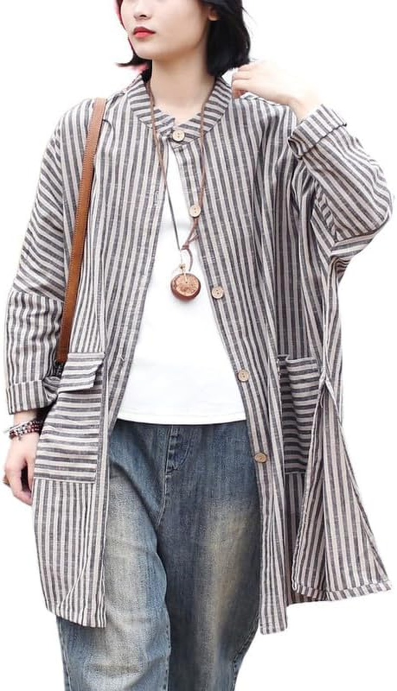 Women'S Vintage Linen Cotton Long Shirt Loose Fit Striped Tops with Pockets image number 3