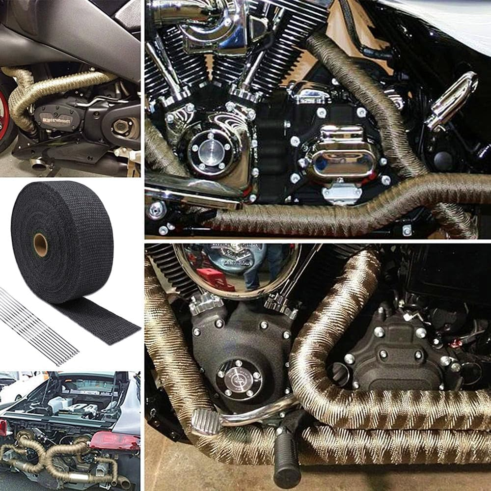 Walquicks 1 Pcs 15M X 5Cm Exhaust Heat Wrap Roll Fiberglass Heat Shield Wrap with 10Pcs Stainless Locking Ties Assortment Kit, Perfect for Motorcycle Fiberglass Heat Shield Tape - Black image number 4