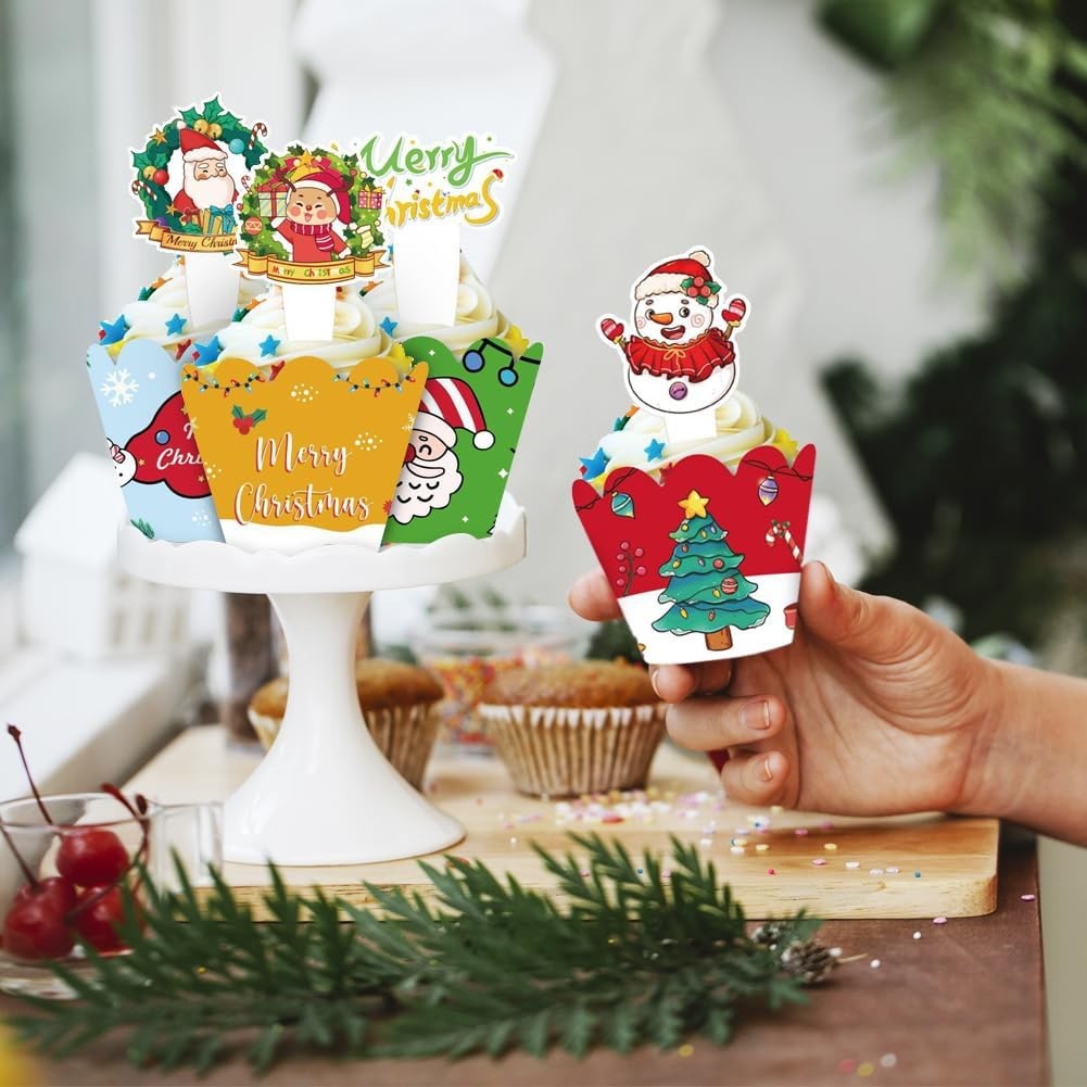 48 Pcs Christmas Cupcake Toppers and Wrappers, Christmas Party Decorations, Santa Claus Snowman Reindeer Christmas Tree Hand Cake Christmas Party Decorations Supplies image number 5