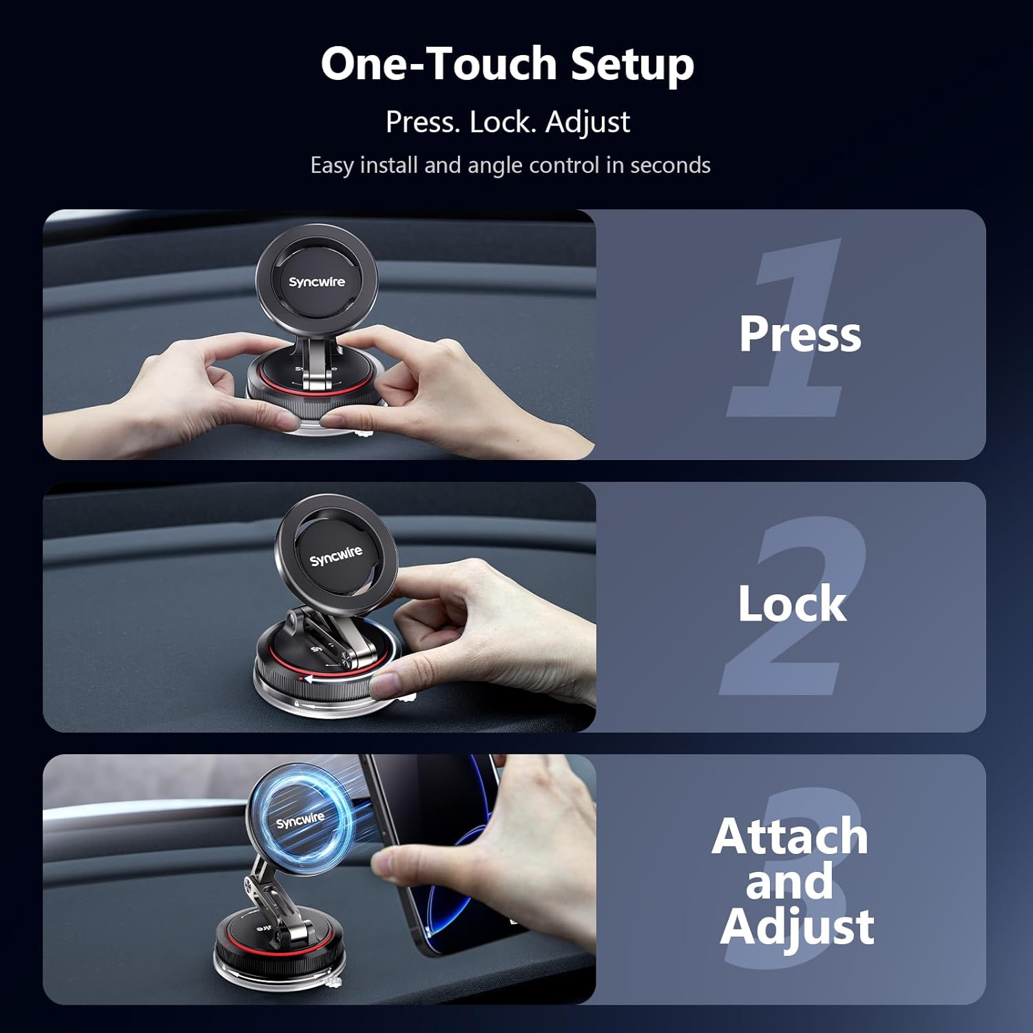 SYNCWIRE for Magsafe Car Mount [3-Axis] Nano Adhesive Gel + Strong Suction Cup Magnetic Phone Holder for Dashboard & Windshield, 360&deg; Adjustable for Iphone 17 16 15 14 13 12, Samsung, Matte Black image number 2
