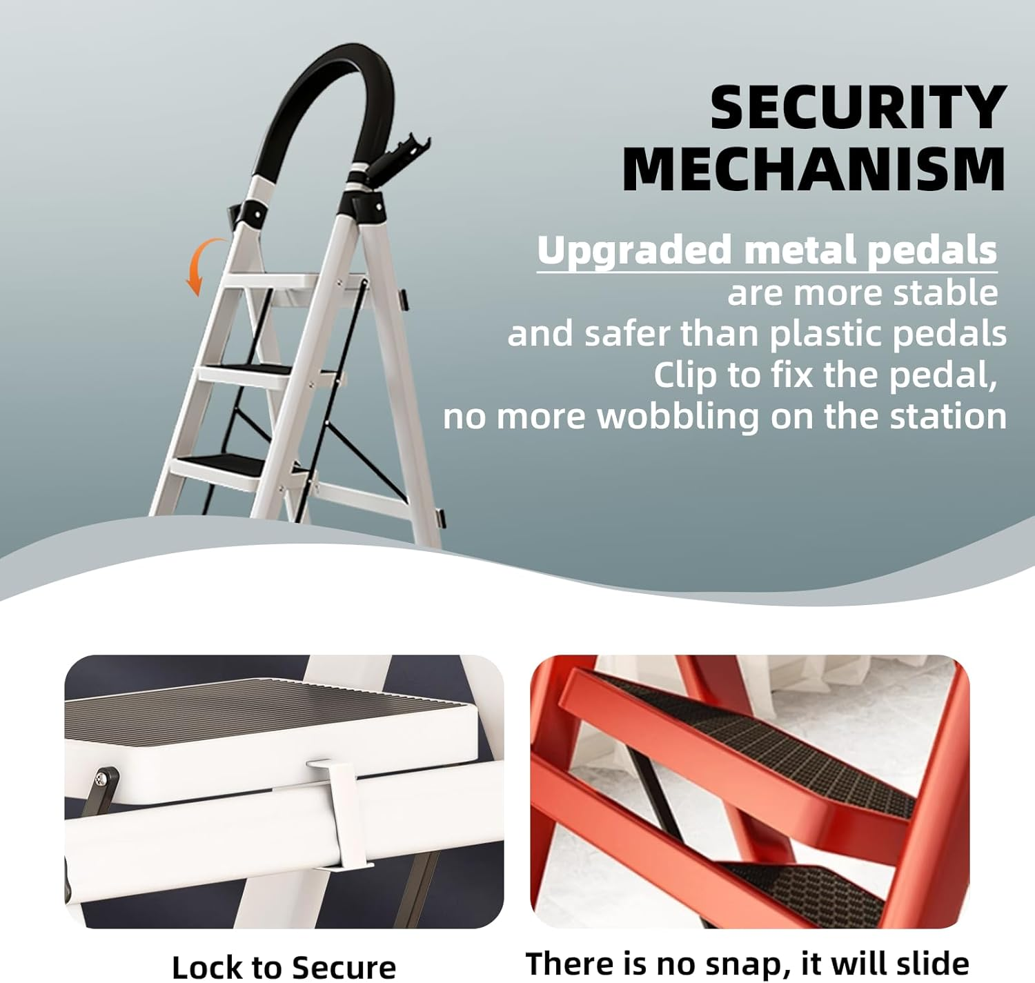 Stusgo 6 Step Ladders, Aluminium Folding Step Ladder,Sepladder Multi Height Platform for Home Office Warehouse, 150Kg Capacity Portable Non-Slip Upgrade the Security Buckle (White and Black)