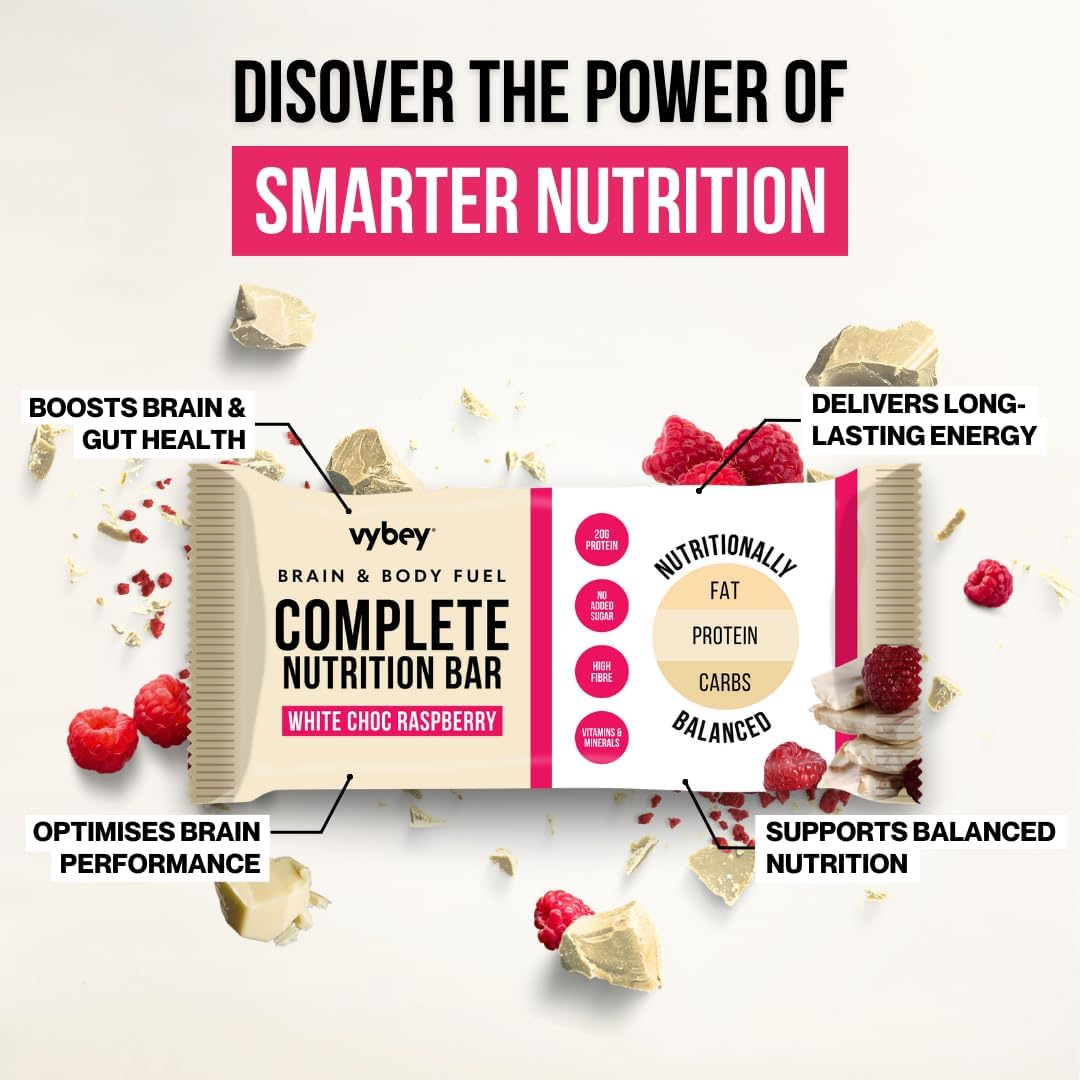 Vybey Complete Nutrition Meal Bars &ndash; 12 X 80G | 20G Protein | High Fibre | Essential Vitamins & Minerals | No Artificial Ingredients | Vegan & Gut-Friendly | White Choc Raspberry image number 6