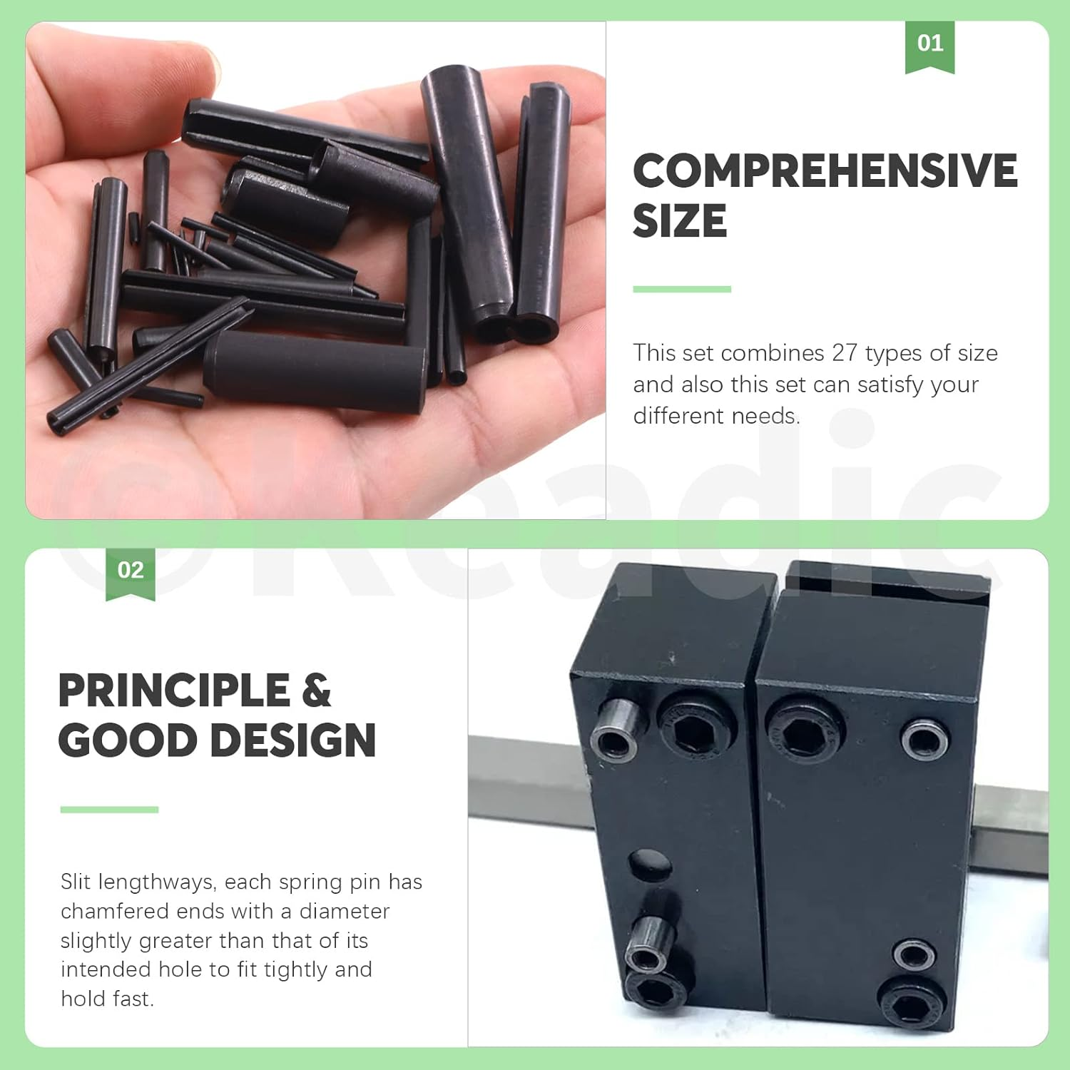 Keadic 405Pcs 27 Sizes Black Slotted Roll Pin Assortment Set, M1.5 M2 M2.5 M3 M4 M5 M6 M8 M10 Metric Split Spring Dowel Tension Roll Pins with Storage Case for Auto Repair Home Improvement image number 4