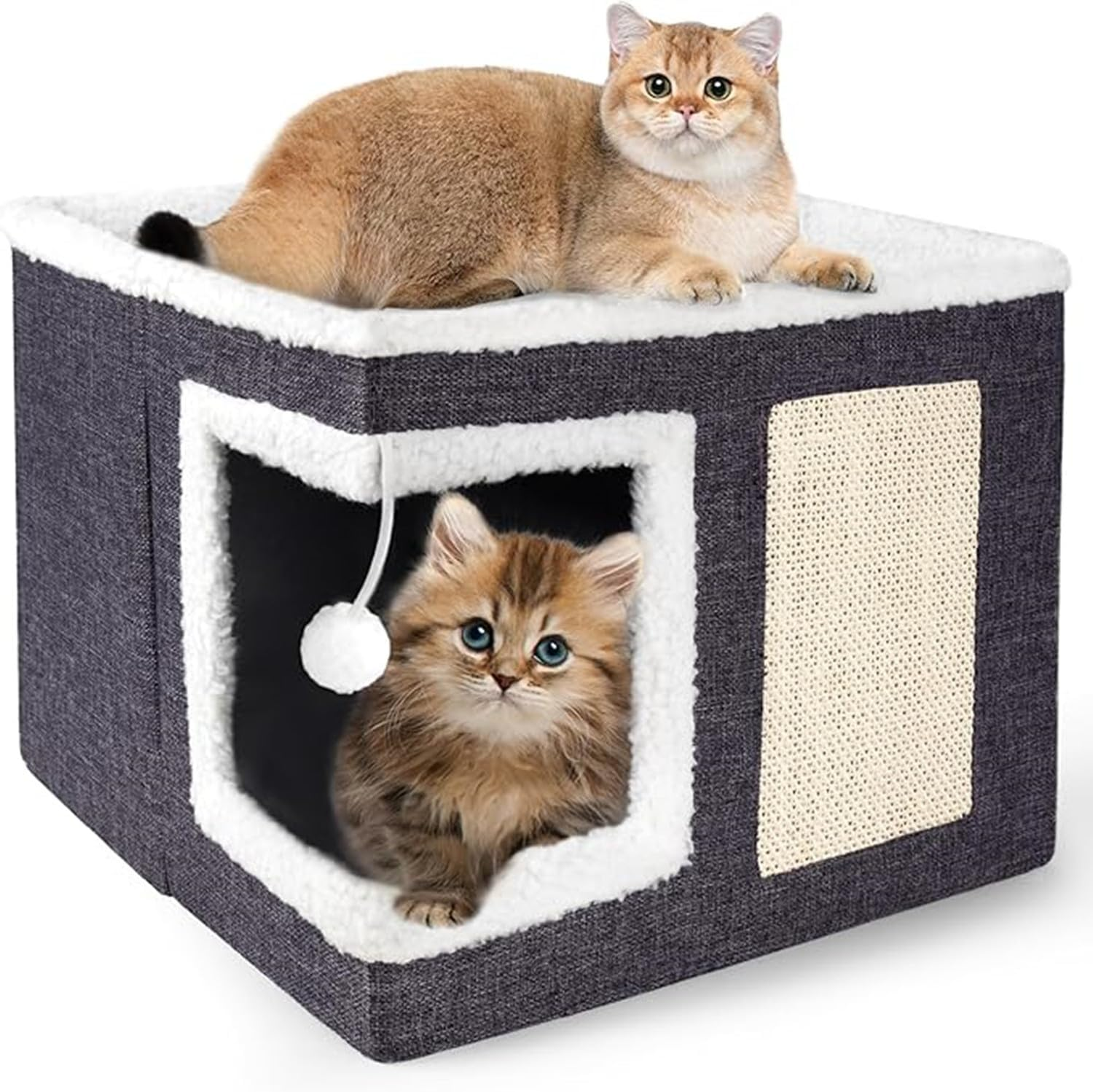 Cat Houses for Indoor Cats - Large Cat Bed Cave with Scratch Pad and Fluffy Ball, Foldable Cat Condo Hideaway with Reversible Cushion for Multi Small Pet (Khaki, 40 * 40 * 15)