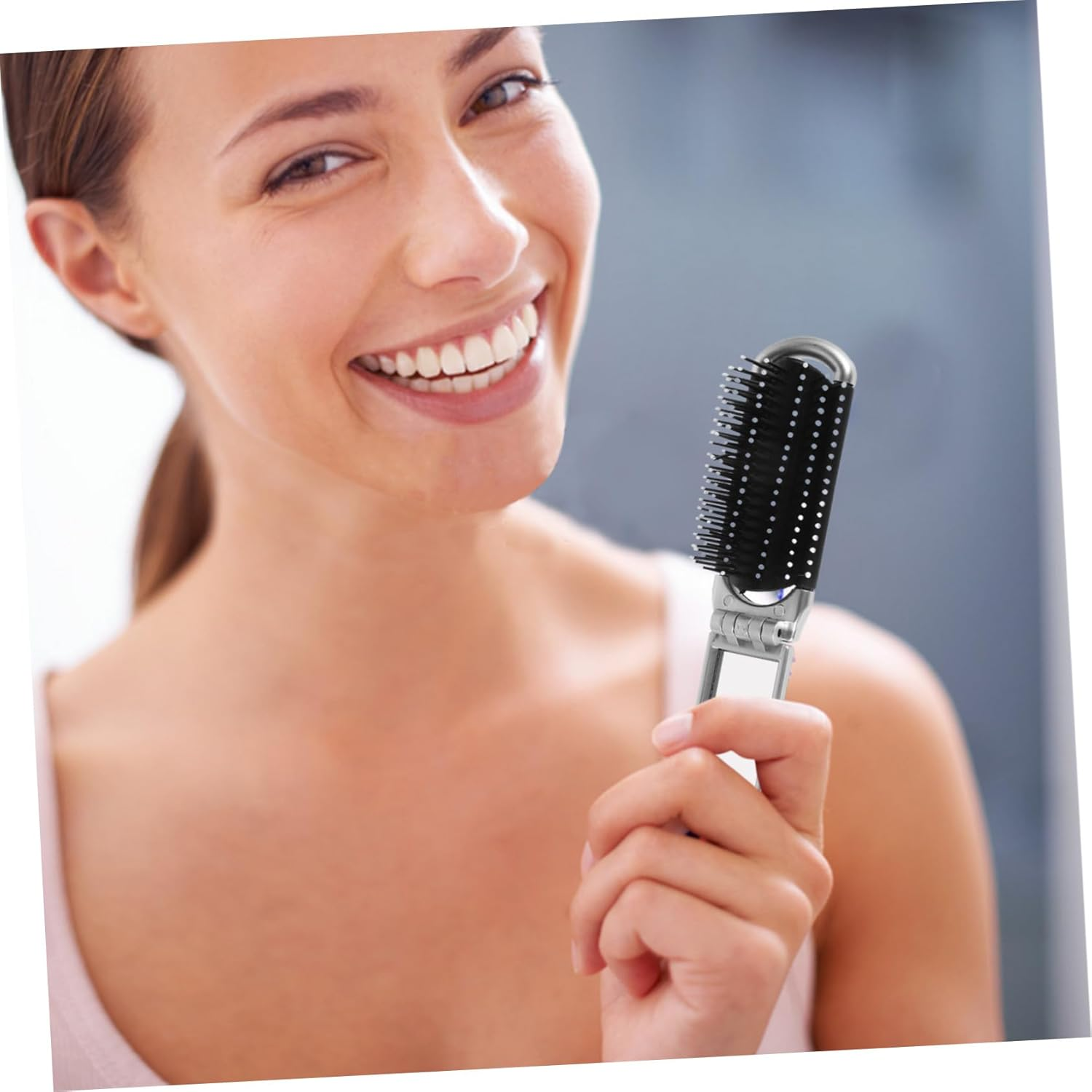 HEALEEP Portable Foldable Hair Brush with Mirror Travel Compact Detangling Comb for Go Touchups and Easy to Clean Silver Travel Hairbrush for Quick Makeup and Hair Styling image number 4