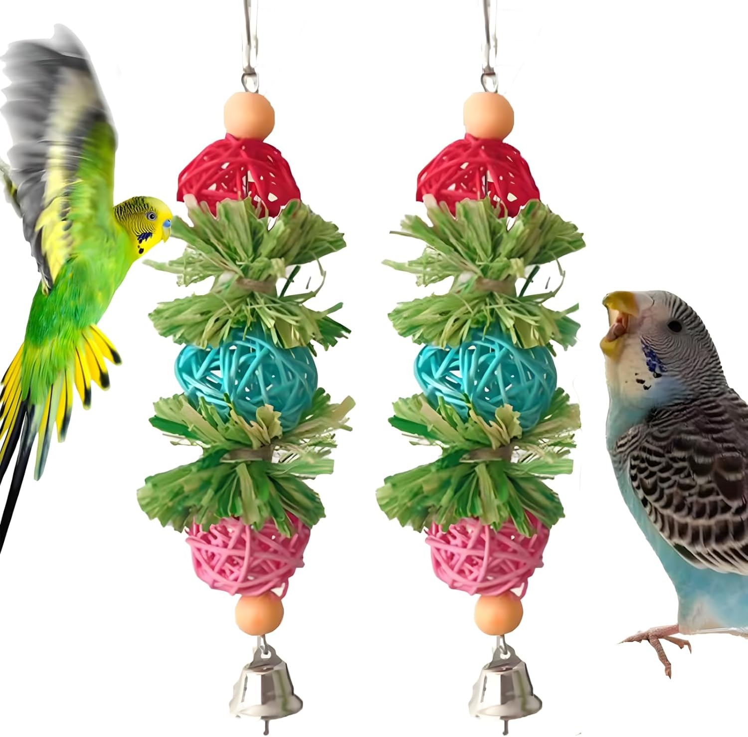 Widenlise 2 Pcs Bird Toys, Bird Shredding Toys, Parrot Chewing Toys, Cockatiel Toys, Include Natural Corn Cob Bells, Hanging Foraging Shredder Toy for Parakeets Budgies, Conures, Finches, A