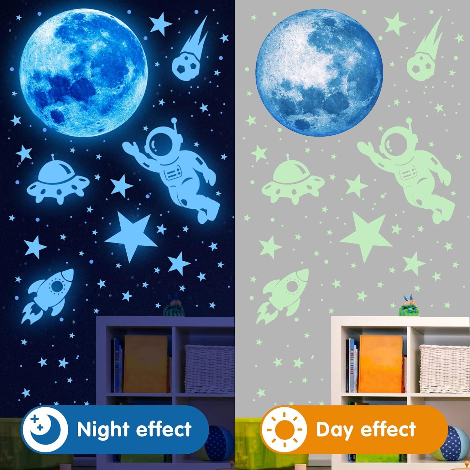 Glow in the Dark Stars and Planet Wall Stickers,Galaxy Astronaut Rocket Spacecraft Alien Decoration,Planet Wall Decals,Bright Solar System Wall Stickers for Kids, Lanets Spaceship Stars Blue