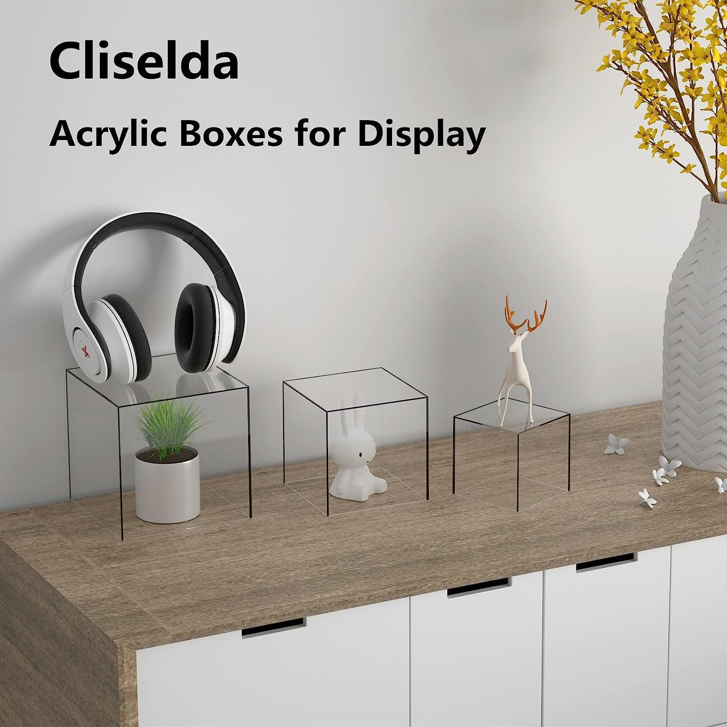 CRUODA Acrylic Display Case,3X3X3&4X4X4&5X5X5 Inches, 3Pc, Display Box, Museum Box Case, Jewelry Book Showcase, Acrylic, Clear, 5 Sided Acrylic Cube