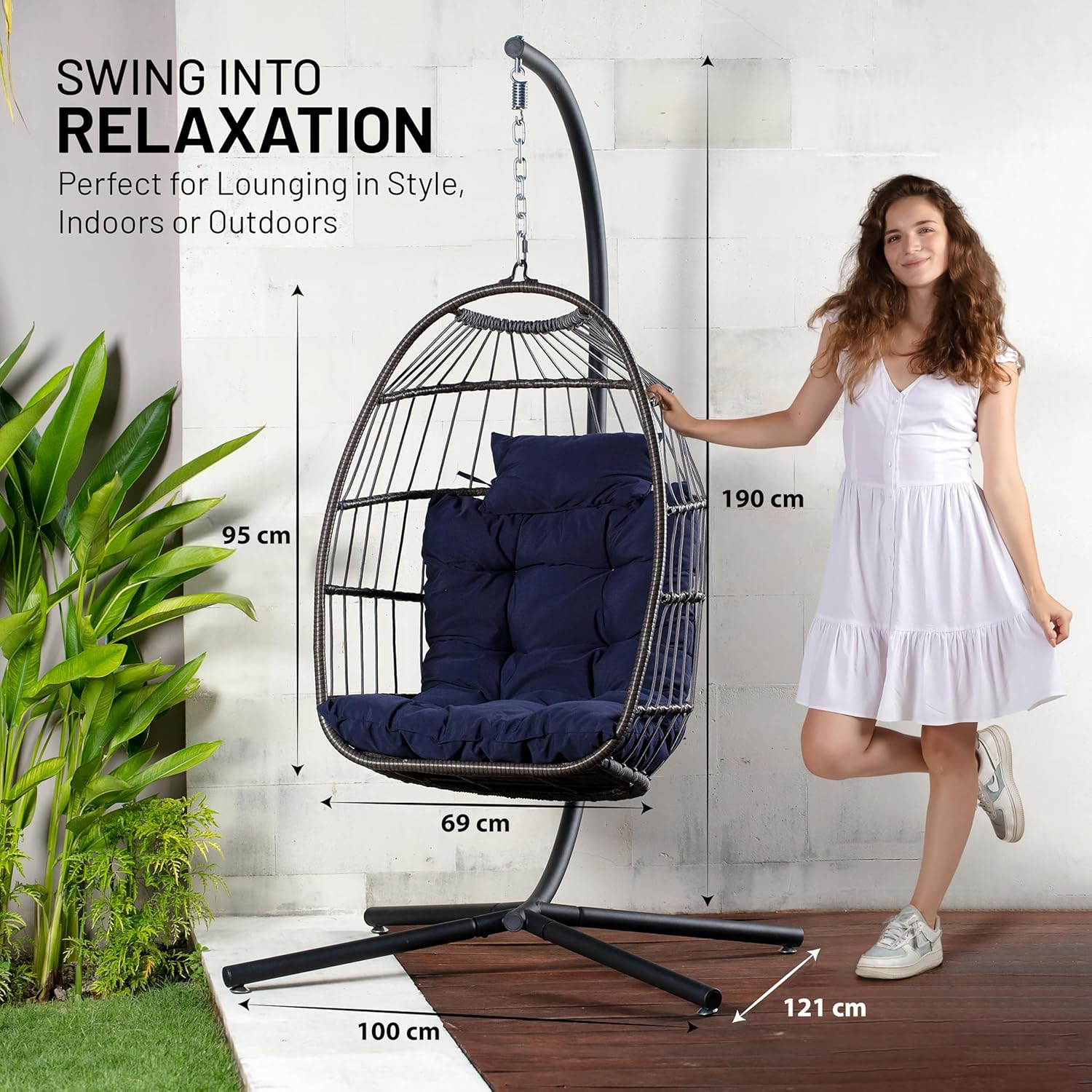 Serenelife Hanging Egg Chair with Stand - up to 250 Kg of Capacity - Beautiful Swinging Basket Chair with Base Made from Wicker Rattan and Powder-Coated Steel Frame - Egg Swing Chair with Stand