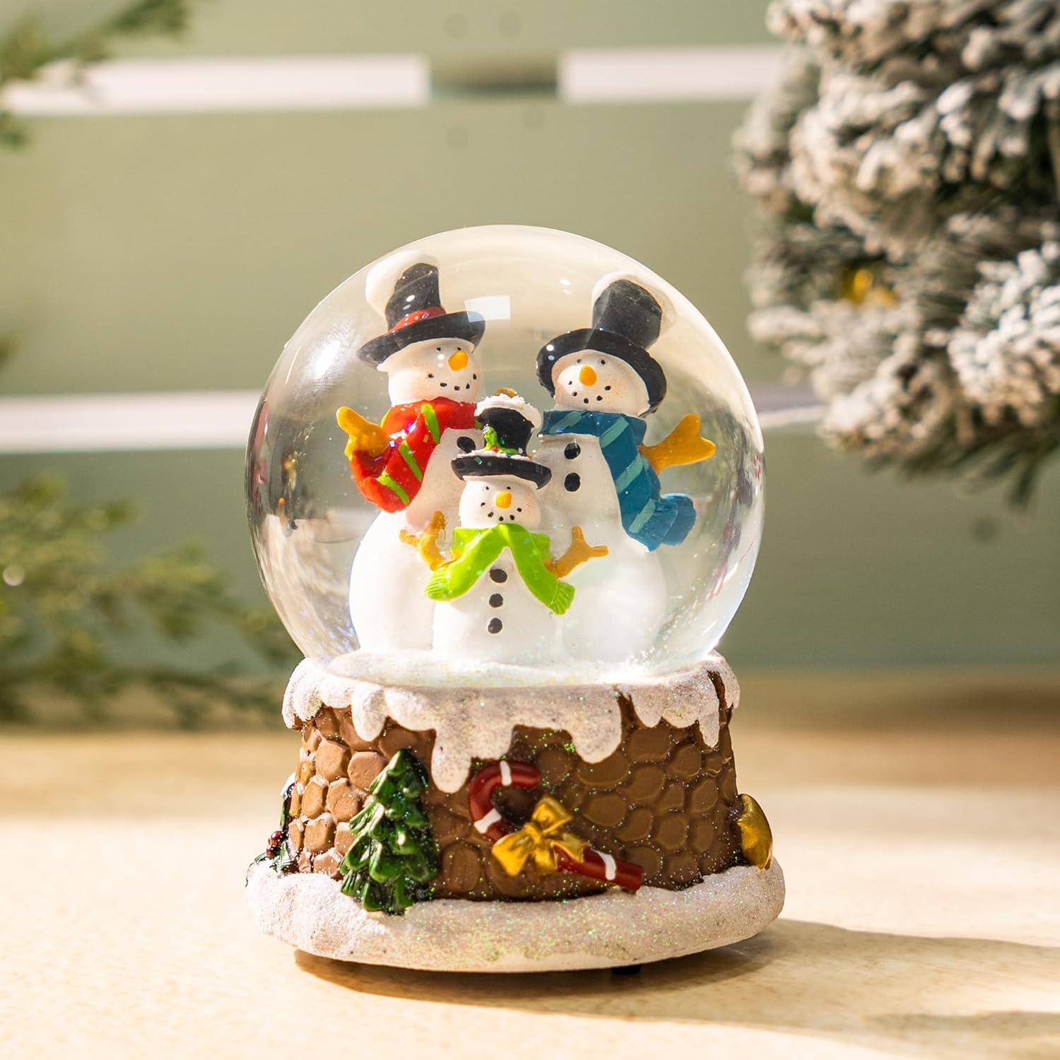 Snow Globes Glitter Water Globe Decoration Musical Snow Globes Decor Plays We Wish You a Merry Christmas, 100Mm, Three Snowmen