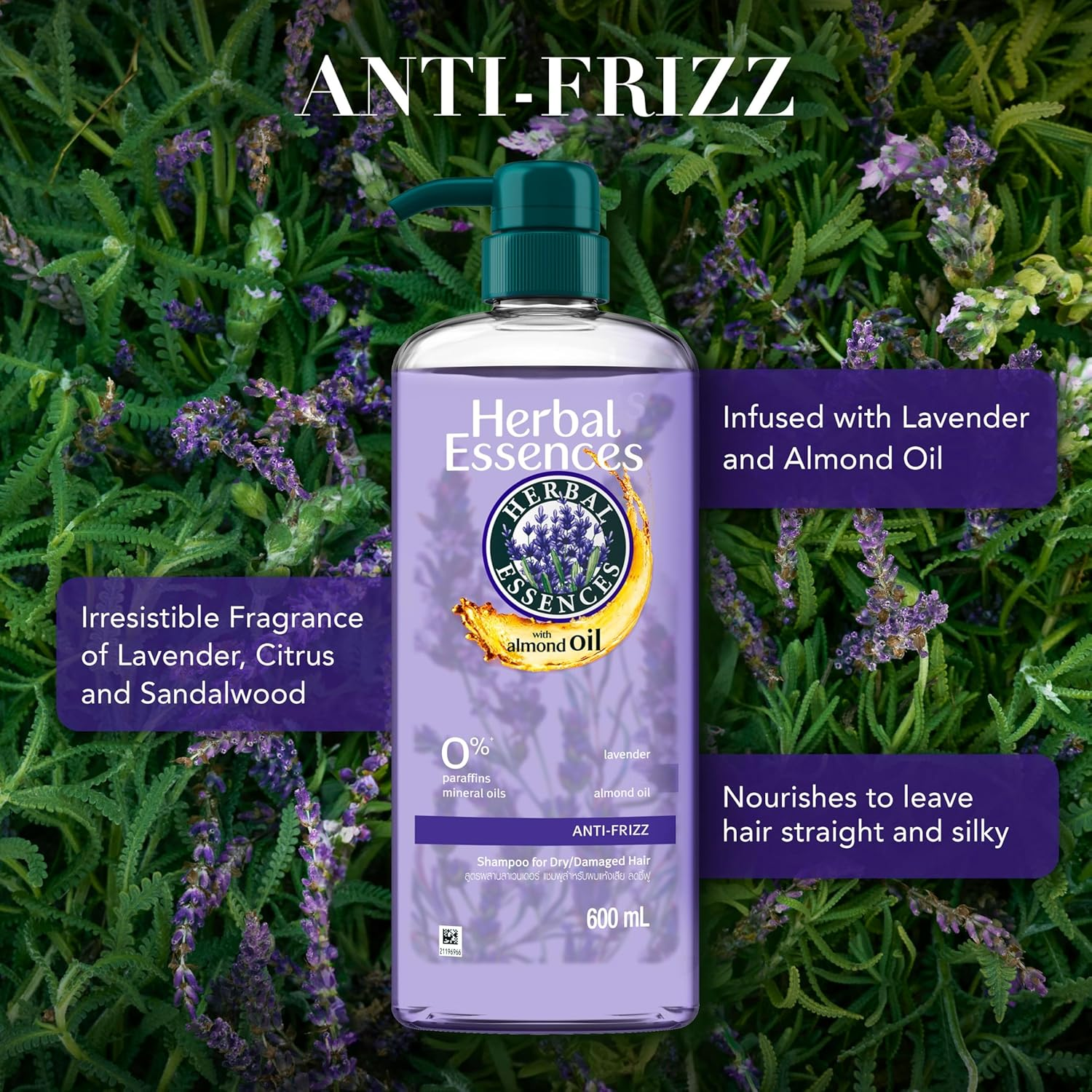 Herbal Essences Almond Oil Anti-Frizz Lavender 600Ml Shampoo (Pack of 2)