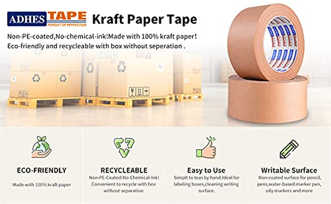 ADHES Heavy Duty Paper Packing Tape Kraft Paper Tape, Eco Friendly & Biodegradable, Writable & Uncoated Brown Packing Tape for Masking, Sealing, and Packaging Use, 50Mm X 40M, 3Rolls image number 2