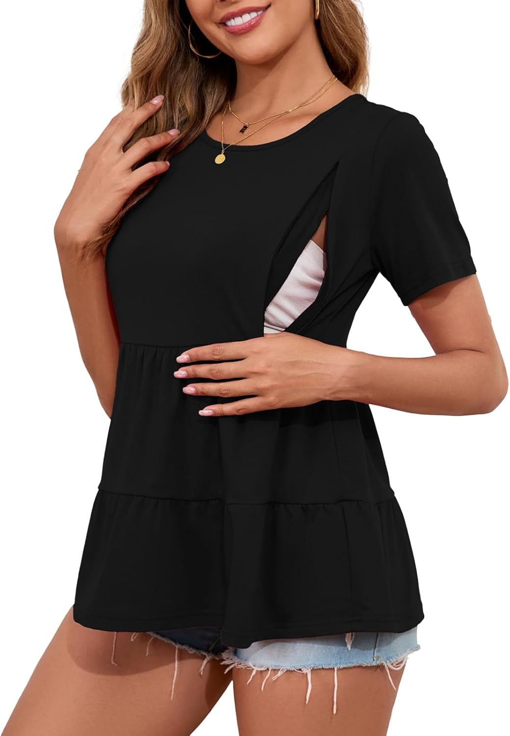 Ecavus Women'S Nursing Top Short Sleeve Breastfeeding Tee with Hidden Zipper Loose Fit Maternity Tunic Pregnancy Shirt