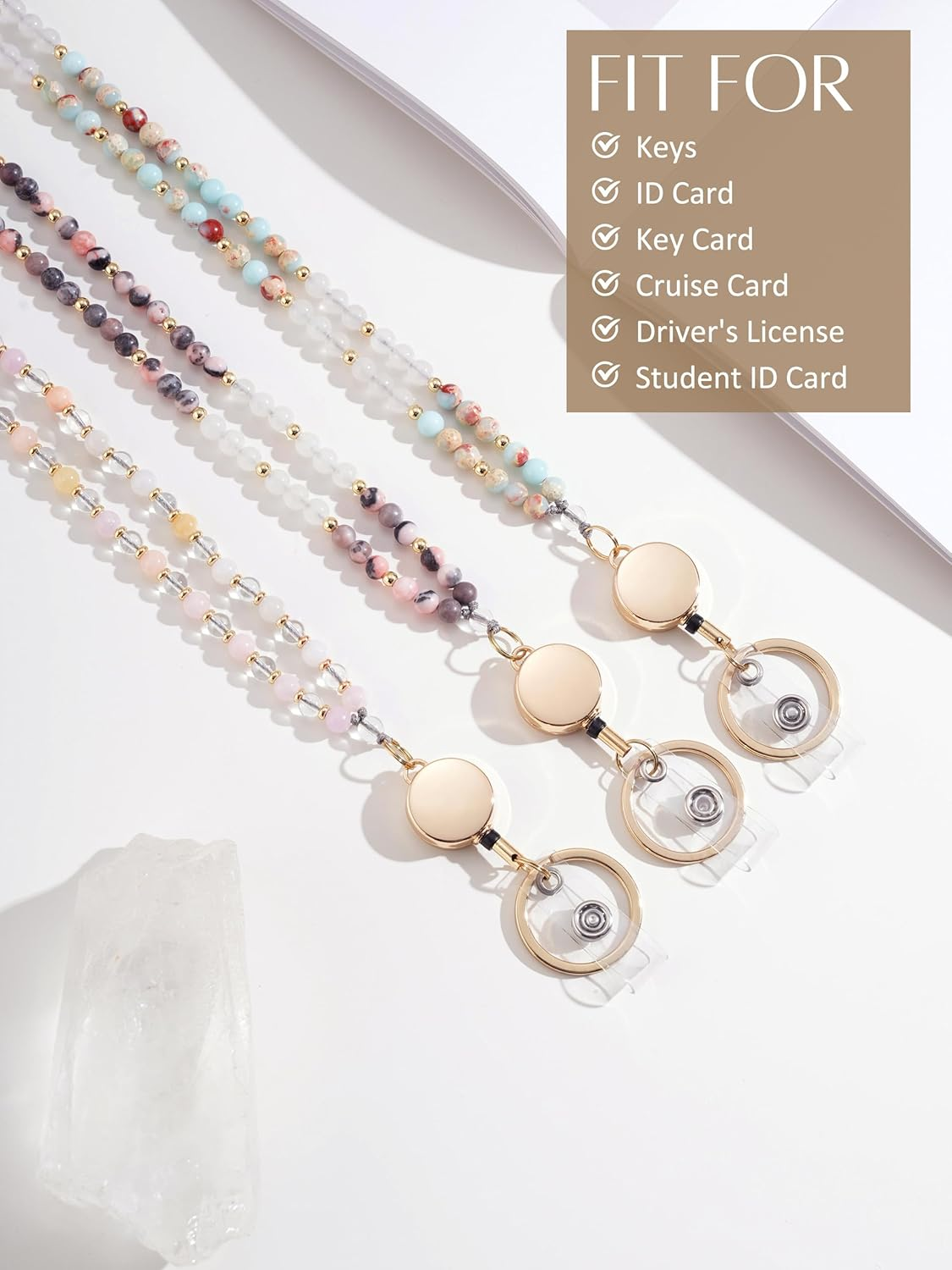 LENYNAL Lanyards for ID Badges and Keys, Natural Stone Retractable Lanyard Durable 3.0 Beaded Lanyard for Teacher Women image number 6