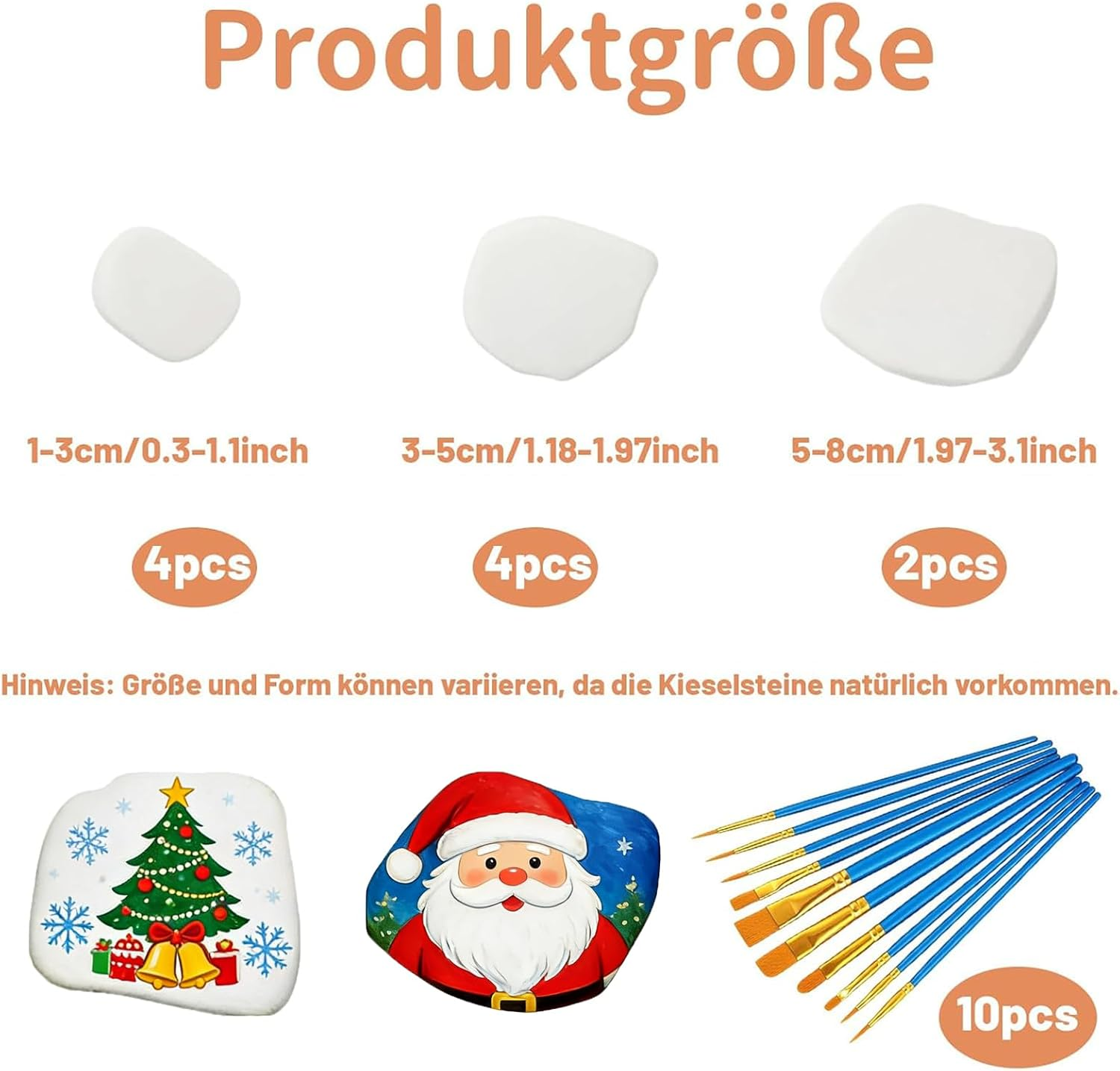 Stones for Painting, Pack of 10 Flat Pebbles in 3 Sizes, with 10 Different Brushes, Ideal for DIY Art Projects, Children'S Painting and Home Decoration image number 1