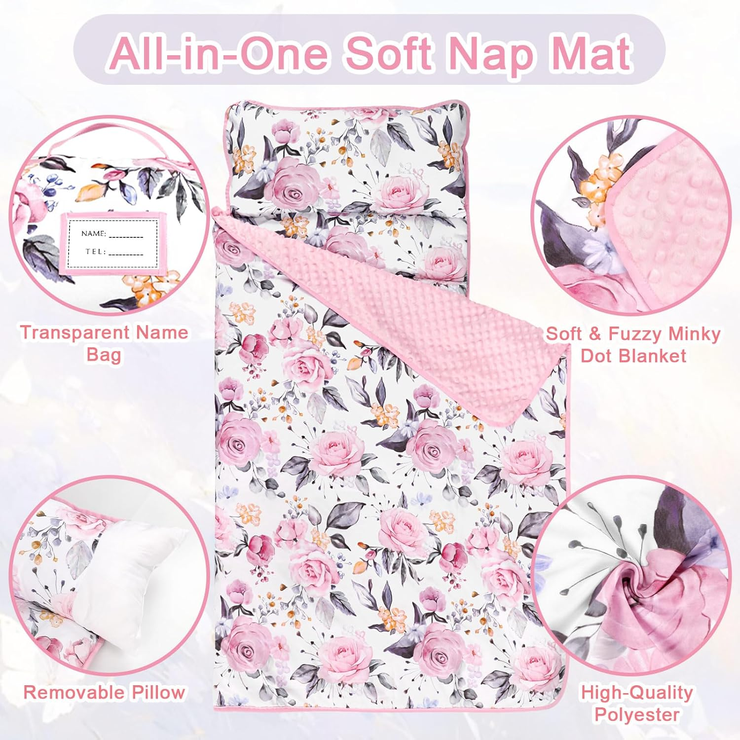 Toddler Nap Mat with Removable Pillow and Soft Dot Minky Blanket image number 2