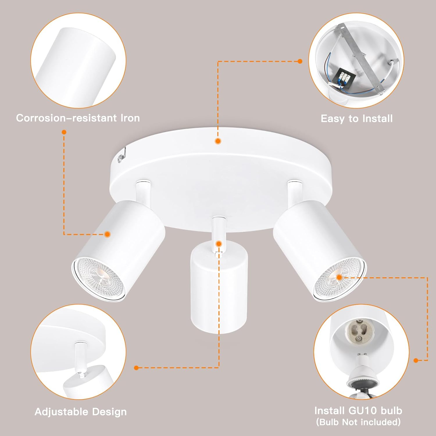 Ketom GU10 Ceiling Spotlight LED &ndash; Ceiling Spotlight 3 Bulbs round &ndash; LED Ceiling Light Swivelling &ndash; White Ceiling Light Spot &ndash; Rotatable Ceiling Light 3 Bulbs &ndash; Modern Spotlight Ceiling Spot &ndash; Without image number 4