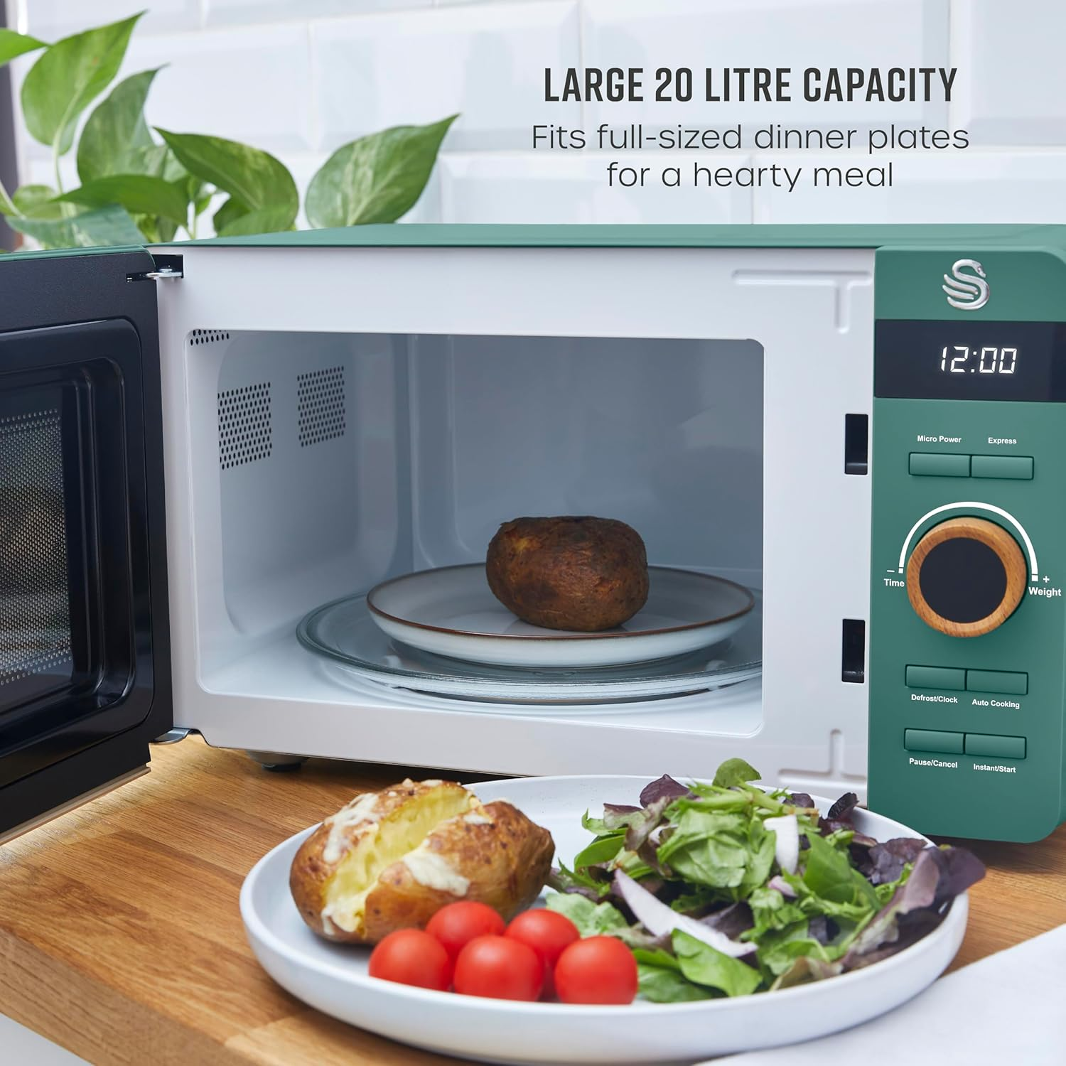 Swan SM22036LGREN Nordic LED Digital Microwave with Glass Turntable, 6 Power Levels & Defrost Setting, 20L, 800W, Green image number 5