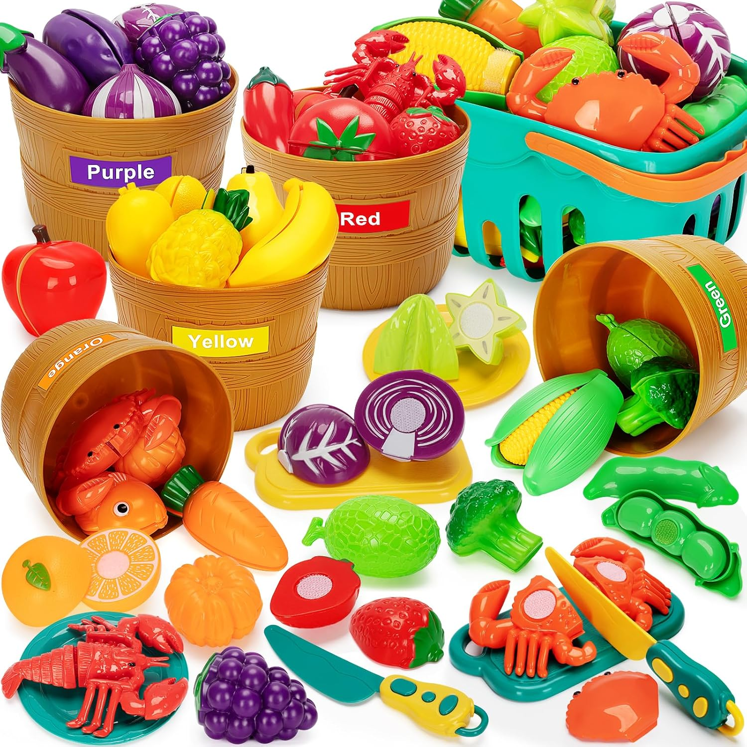 Color Sorting Play Food Set - 68 Pcs Cutting Play Food Toy for Kids Kitchen, Pretend Fake Food & Fruit & Vegetables Accessories, Preschool Educational Toy for Toddler Boy Girl Christmas Birthday Gifts image number 4