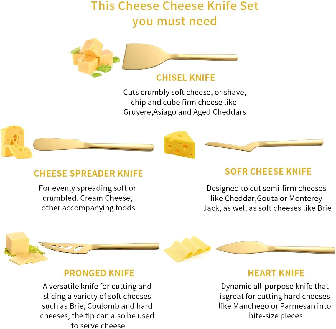 Berglander 5-Piece Cheese Knife Set, Suitable for All Cheeses, Stainless Steel Cheese Knives, Ergonomic Design, Suitable for Cutting Butter (Gold)