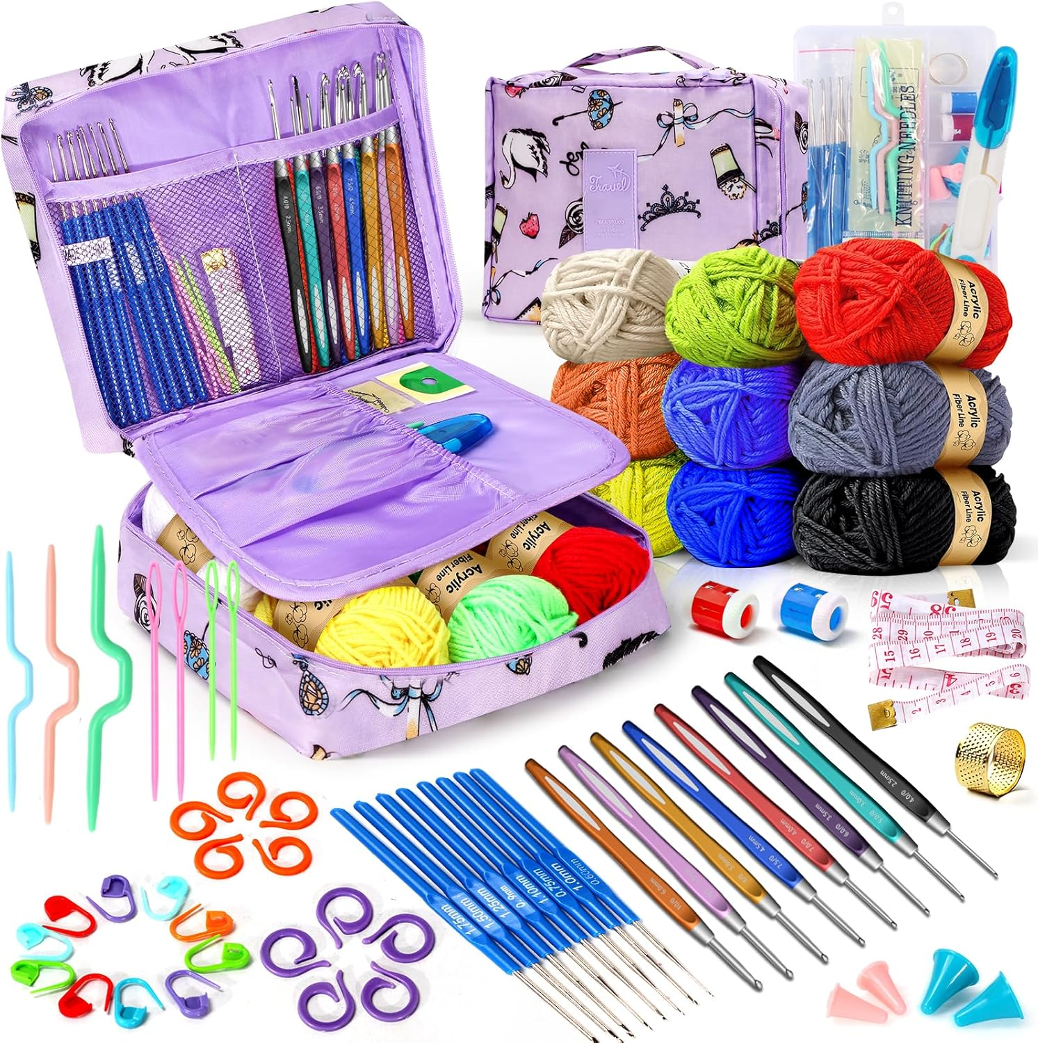 63PCS Crochet Kit for Beginners Knitting & Crochet Supplies, Premium Crochet Kit 9 Colors of Yarn, Crochet Needles, Accessory Kit, Crochet Bag and More, Suitable for Beginners
