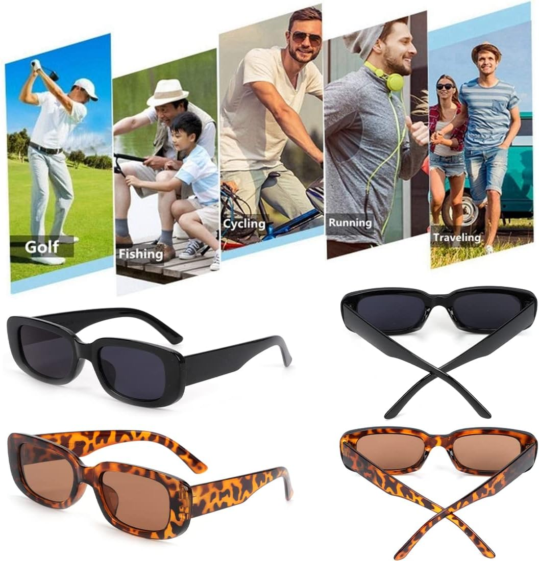 2 Pack Retro Fashion Rectangle Sunglasses Small Square Frames Sun Glasses 90S Vintage Wide Frame Eyewear for Women and Men UV 400 Protection image number 2