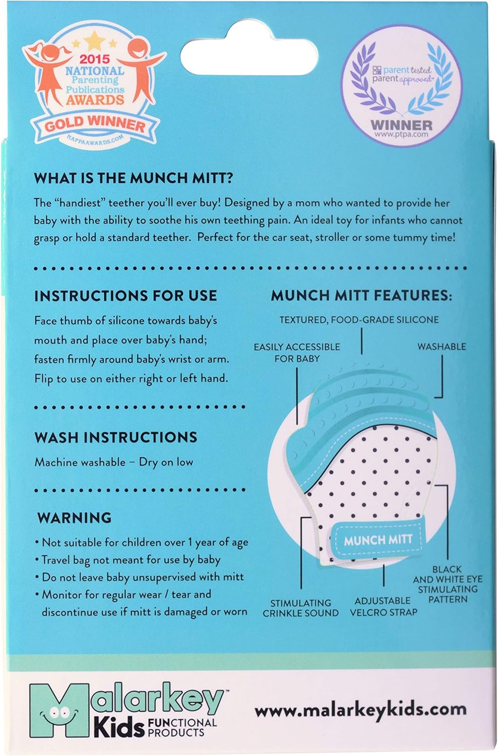 Munch Mitt Sensory Teething Mitten, Aqua Blue image number 1