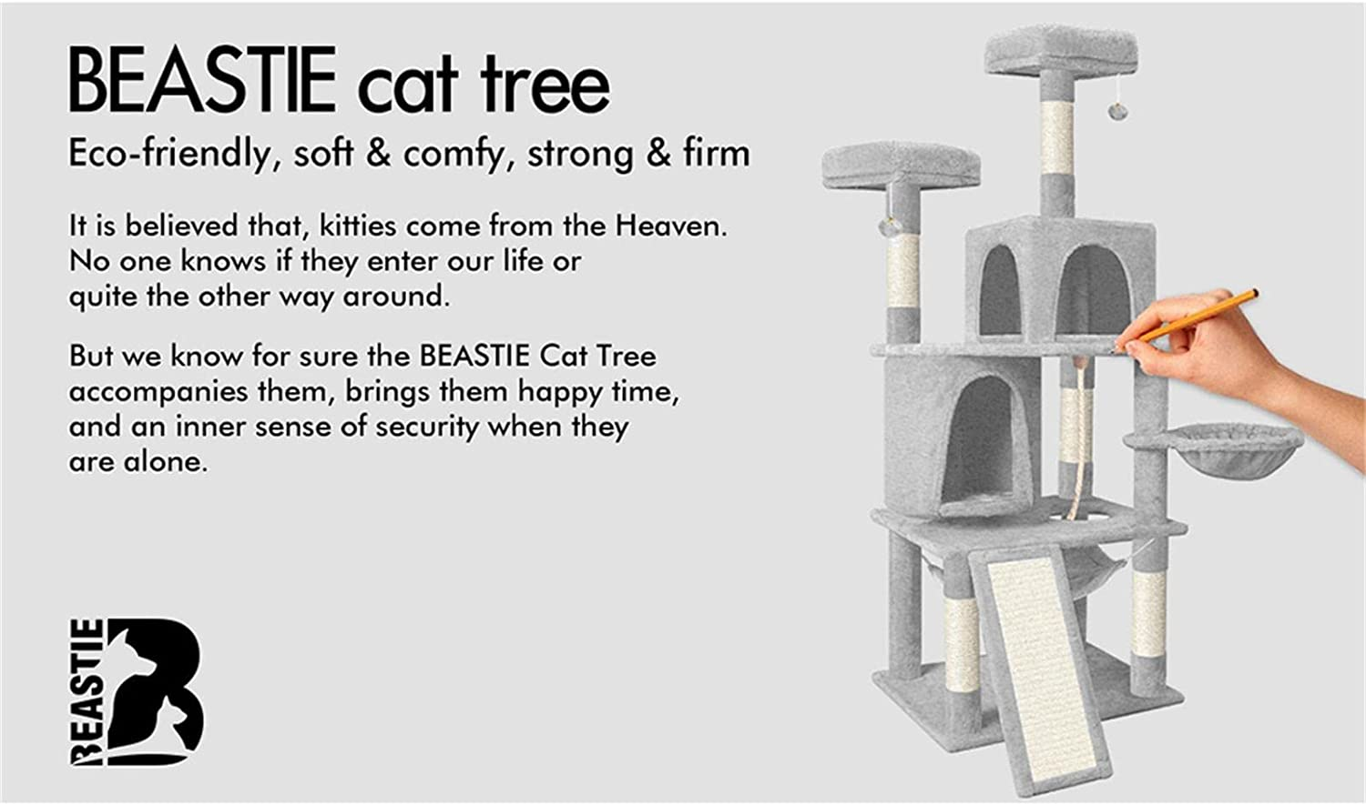 BEASTIE Cat Tree 161Cm Multi-Level Tower with Scratching Post Scratcher, Sisal-Covered Cat Tower with Plush Perch, Cat Condo Play House Wood Furniture for Kitten Climbing & Rest(Light Grey) image number 3
