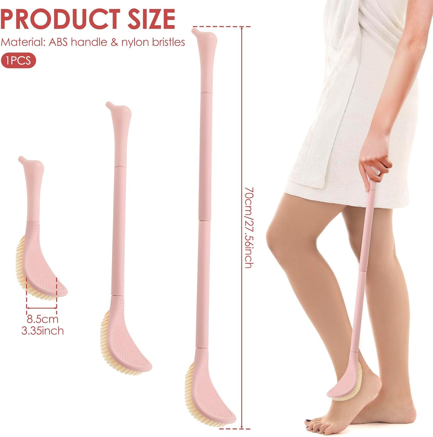 Awobepl Foot Brush with Adjustable Long Handle Enduring Foot Scrubber Easy to Clean Leg Scrub Brush for Senior Pregnant Disabled (Pink) - Pink image number 3