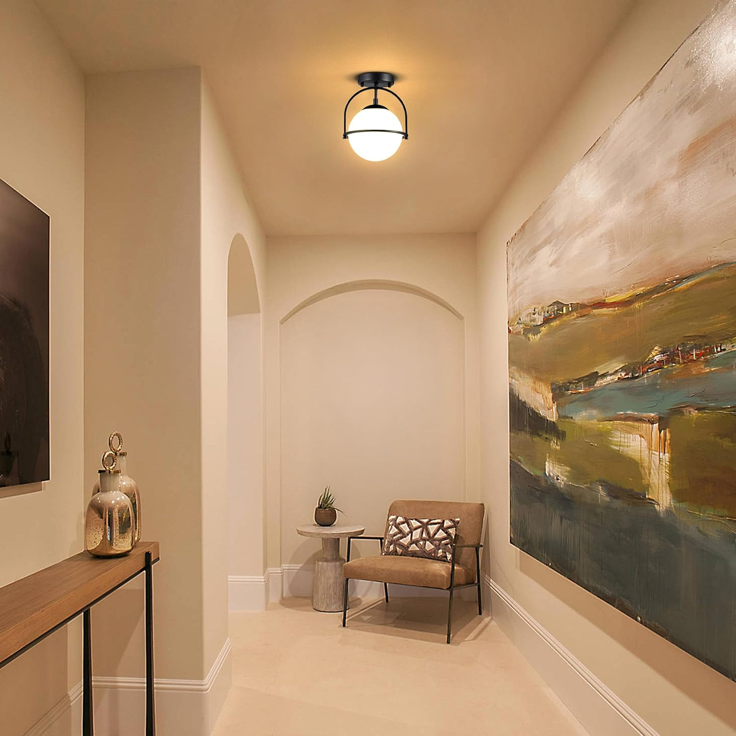 Black Ceiling Lights 18Cm Frosted Glass Globe Mid Century Semi Flush Mount Modern Ceiling Light Fixtures for Bedroom Hallway Entryway Bathroom E27 220V image number 1