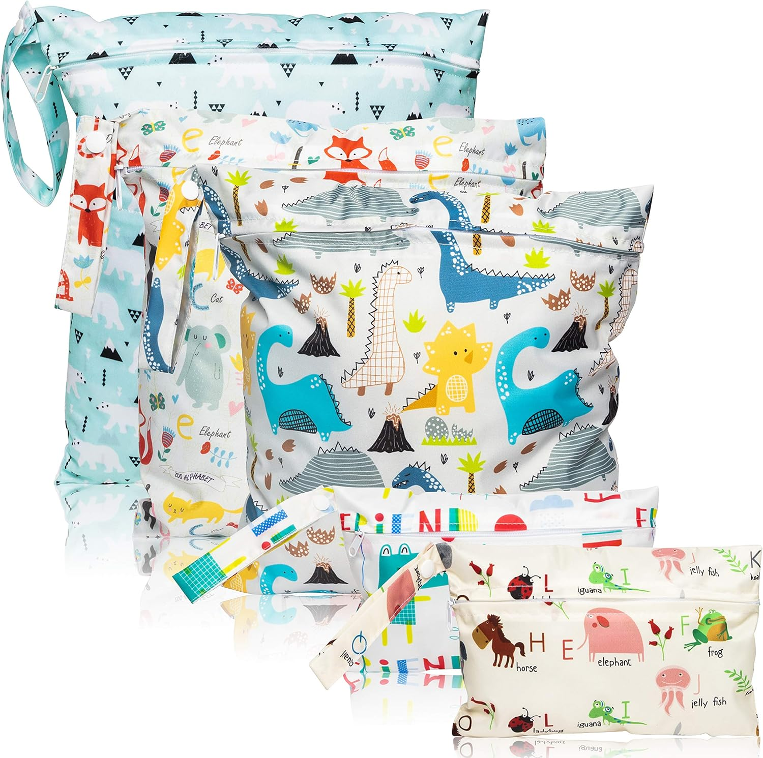 R Horse 5 Pcs Waterproof Reusable Wet Bag Diaper Baby Cloth Diaper Wet Dry Bags with 2 Zippered Pockets Travel Beach Pool Bag with Polar Bear Dinosaur Animal Alphabet Crocodile Pattern (3 Sizes)