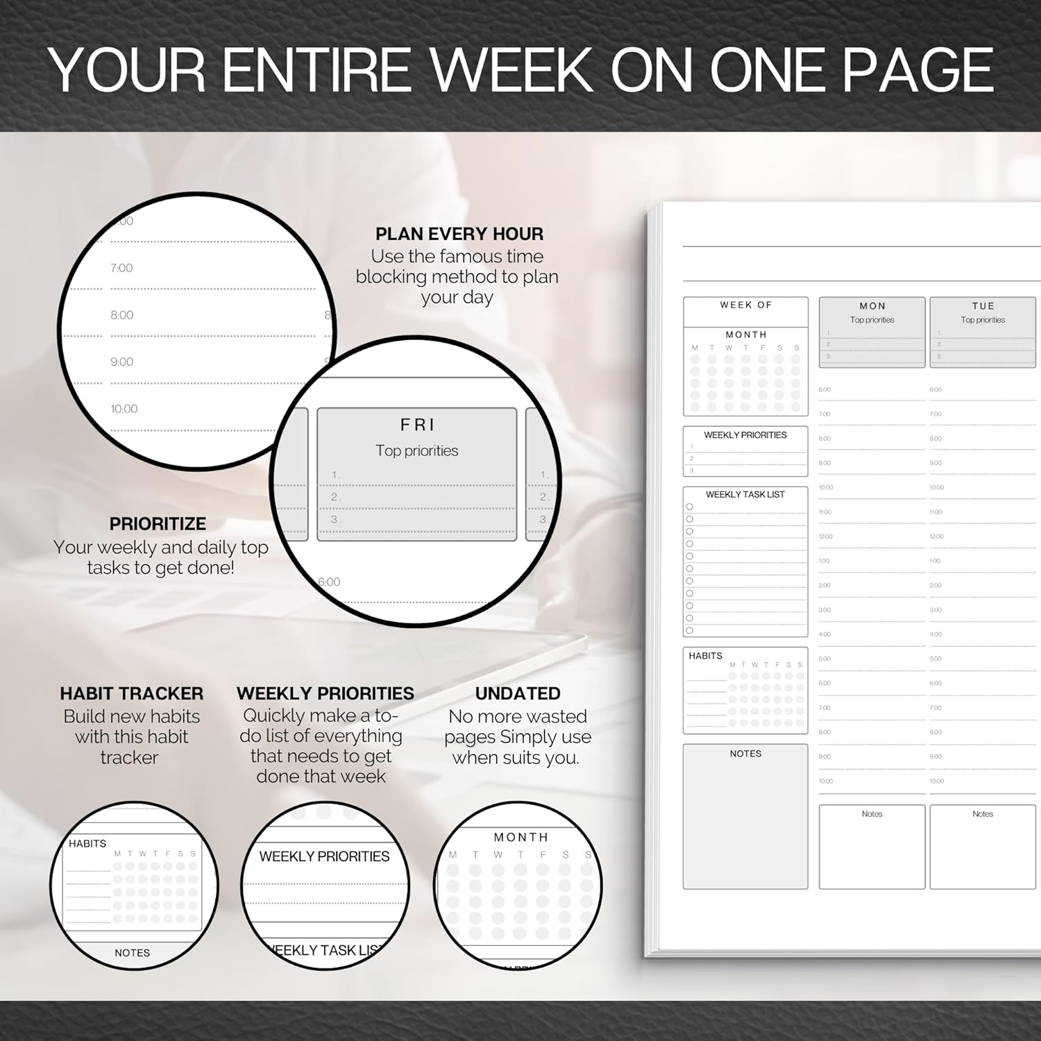 Weekly Hourly Planner Notepad, Daily Planner Desk Pad, Weekly Schedule, to Do List Note Pad, ADHD Planner | 50 Undated Tear Away Sheets A4 | Mono - Lux image number 4