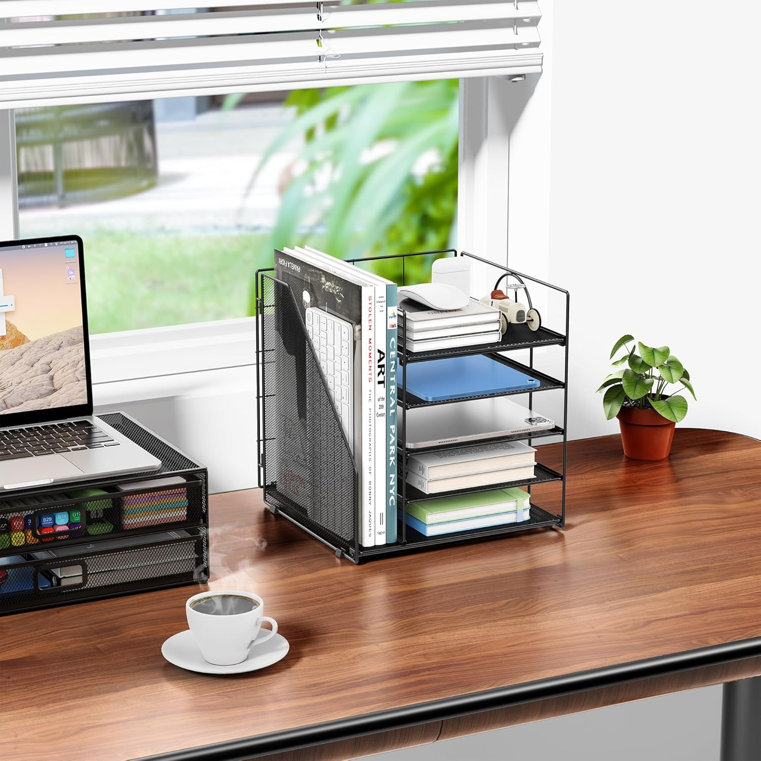 Auvo ADO04 Metal Mesh Desk Organizer, 5-Tier Paper Letter Tray with File Holder, Vertical Magazine/File Holder, Desktop Organizer for Office Supplies, Black image number 1