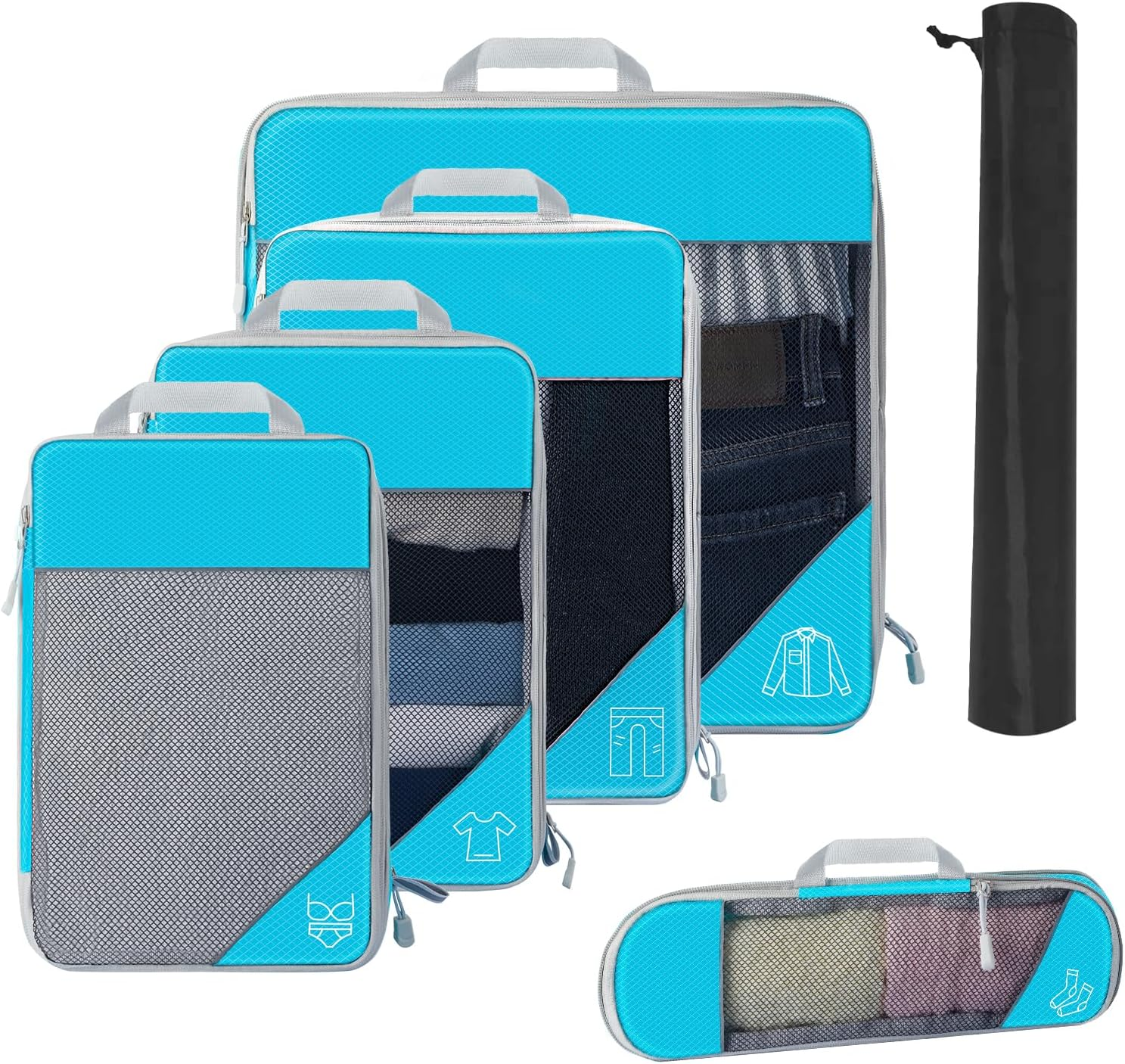 6 Set Ultralight Compression Packing Cubes, Travel Packing Cubes with Shoe Bag, Mesh Luggage Organisers Suitcase Accessories for Camp Travel Essentials Blue image number 1