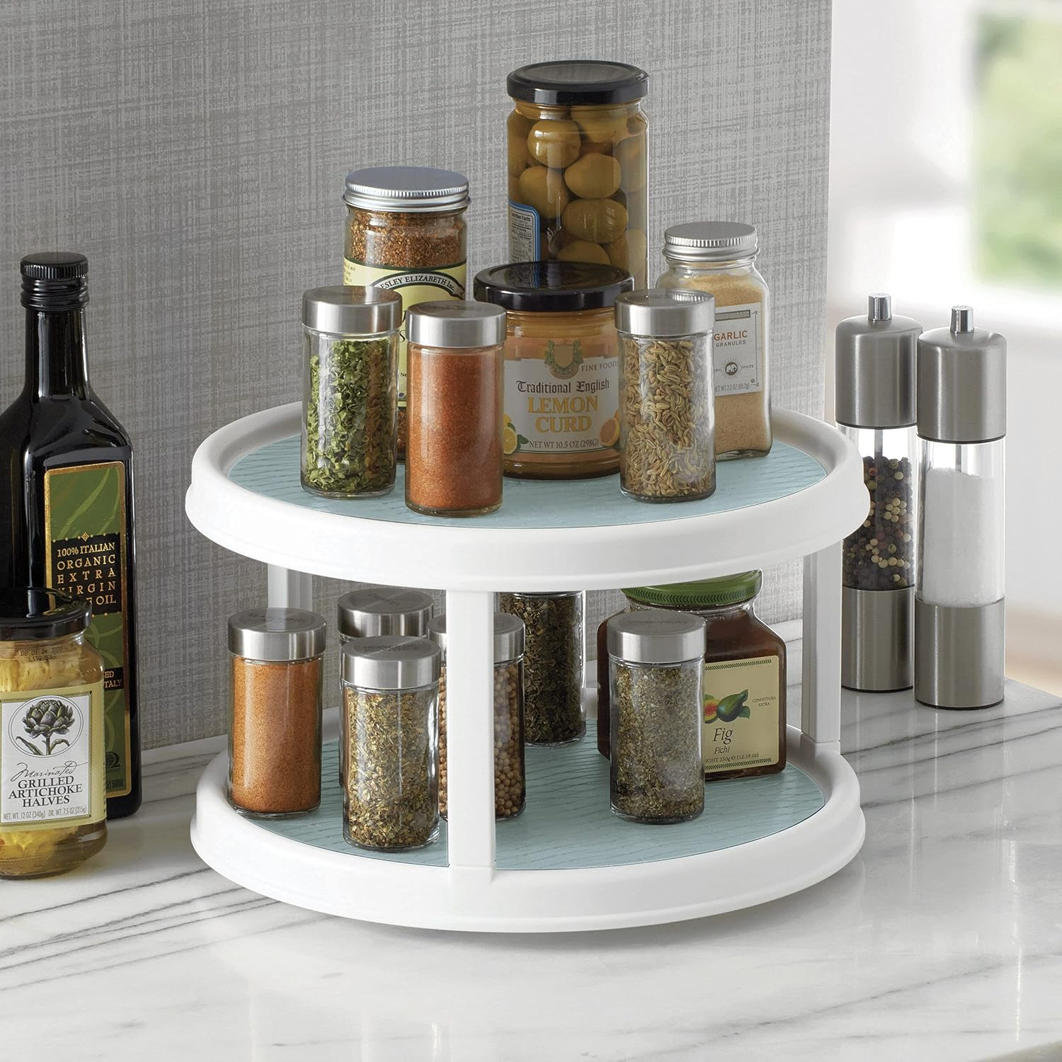 Copco Non-Skid 2 Tier Pantry Cabinet Lazy Susan Turntable, 12-Inch - Organize Kitchen, Bathroom, Home Office, Laundry Room, Garage, Craft Room - Kitchen Turntable & Pantry Organizer (Buxton Blue)