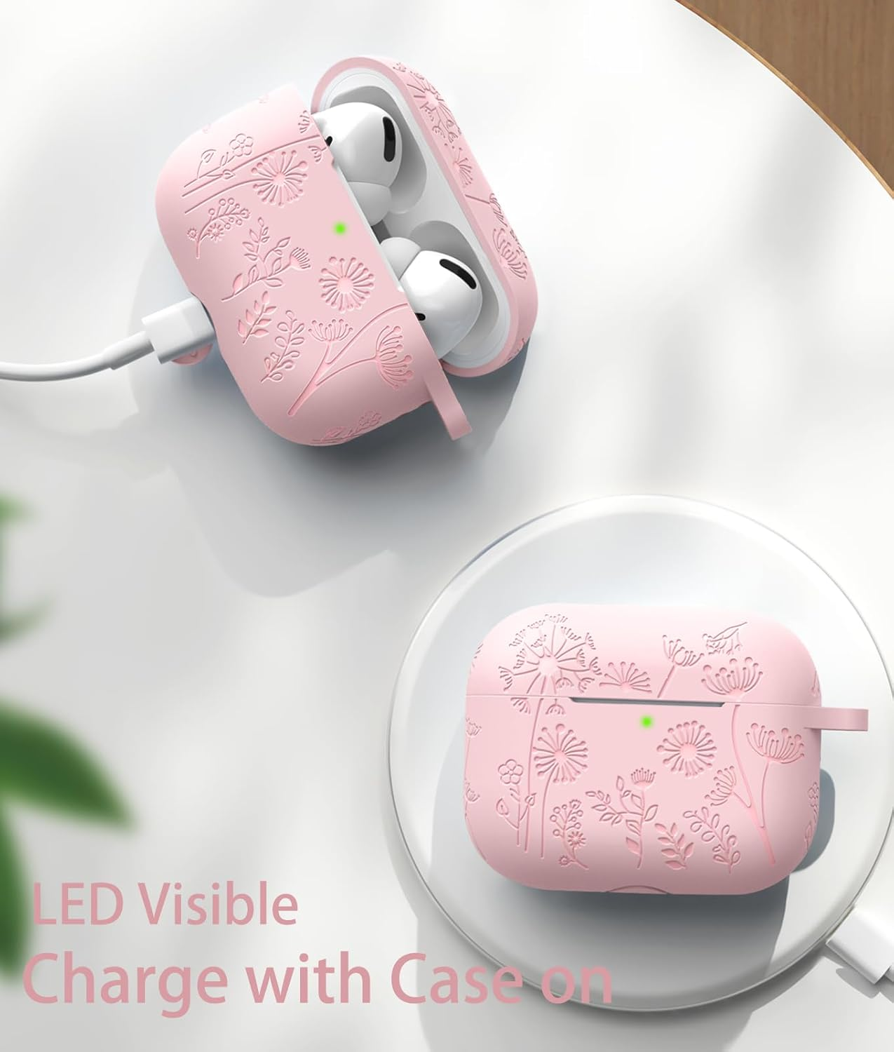 Flower Engraved Case Compatible with Airpods Pro 2 Case Cover & Airpod Pro Case Cover, Cute Soft Silicone Full Protection, for Apple Airpods Pro 2Nd 1St Generation Case Front LED Visible, Pink image number 1