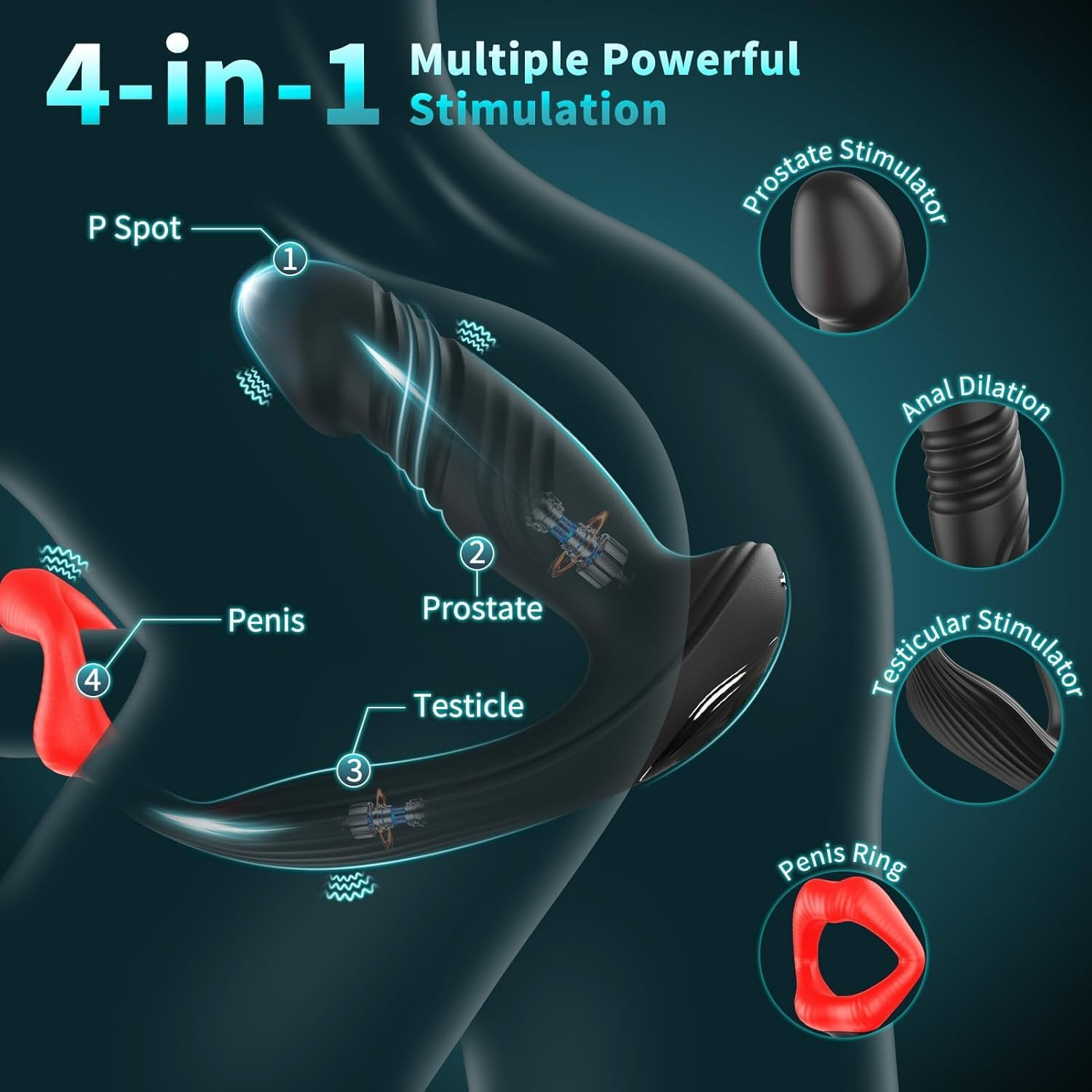 4 in 1 Prostate Sex Toys Male Massager, Vibrator with Penile Ring, APP Controlled Male Expander, Anal Plug Dildo Vibrator with 9 X 9 Thrust Modes Vibrating Portabl for Couple Sex Toys image number 6