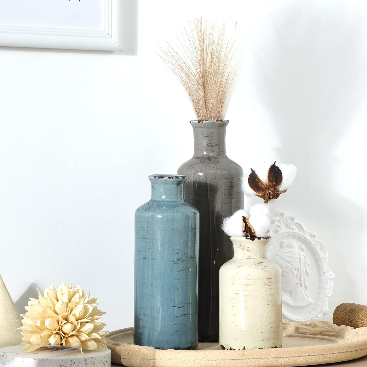 CUCUMI Ceramic Vase Set of 3, Rustic Coastal Farmhouse Decor for Shelves, Ocean Beach Style Small Flower Vases for Home Decor, Mantle, Fireplace, Table, Shelf Decorations for Living Room image number 1