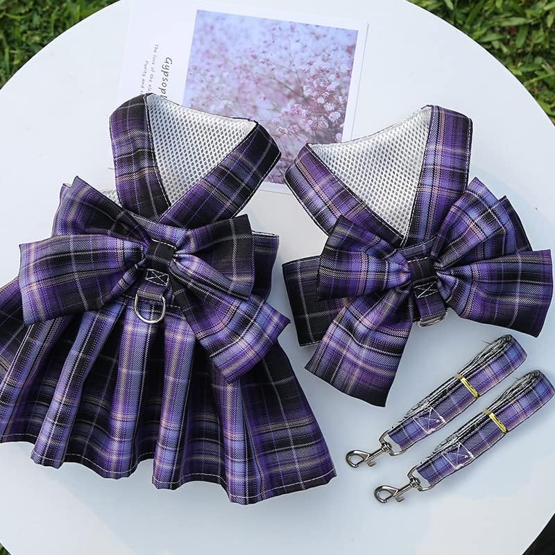 Dog Harness and Leash Set, Cute Bow Tie Plaid Harnesses for Puppy Cat, Adjustable Pet Kitties Vest, Breathable Harness Traction Rope for Small Animal (Purple, XS) image number 2