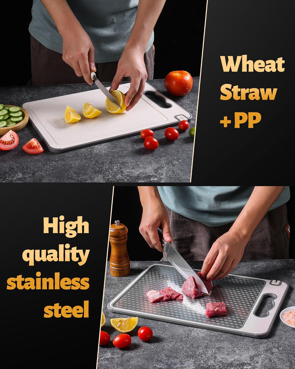 Stainless Steel Cutting Board for Kitchen, Double Sided Non-Slip Scratch-Resistant Mesh Design with Juice Groove Food-Grade Wheat Straw PP Large Chopping Board（15&times;10 In）Easy to Clean ﻿ image number 1