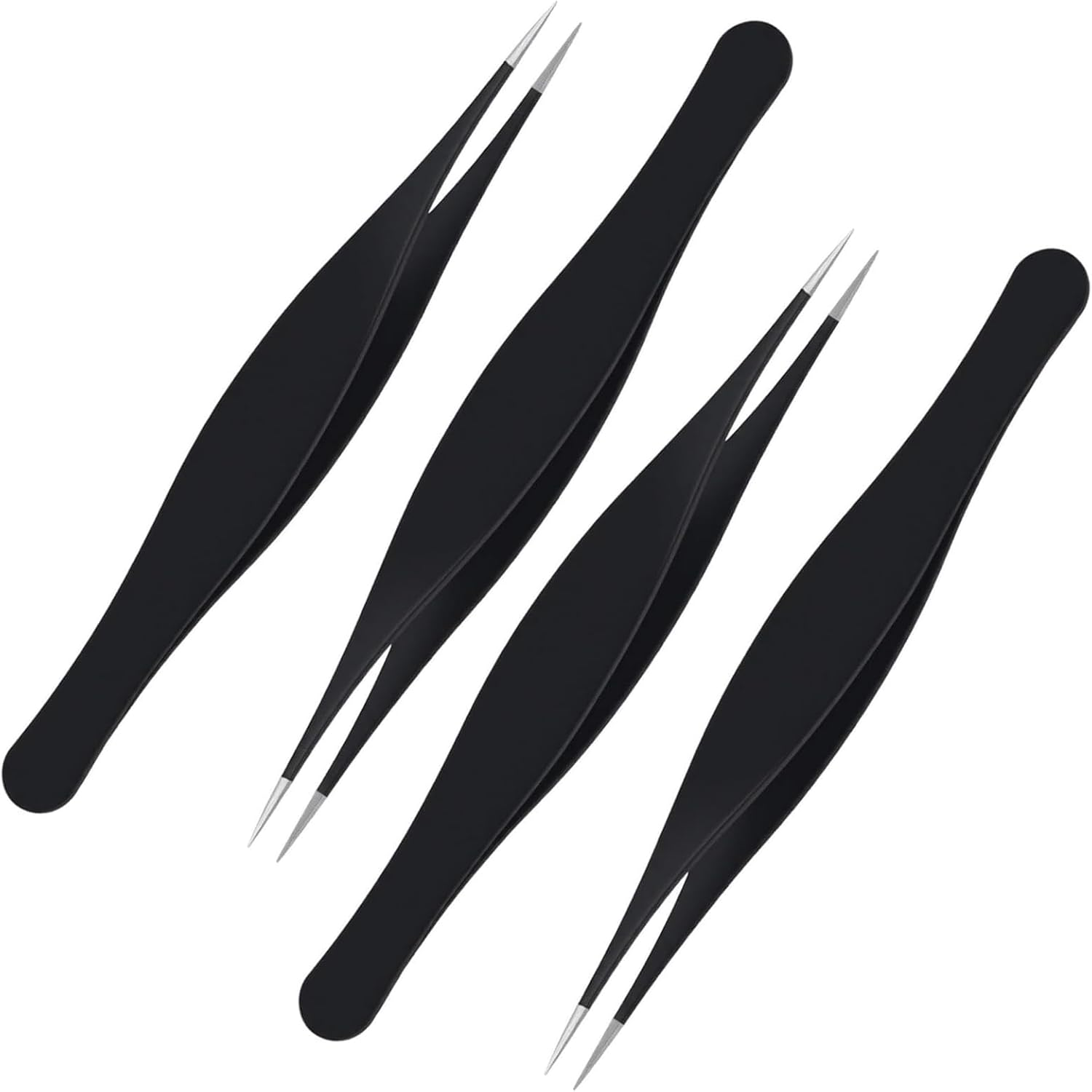 Fokmuaex Fine Point Precision Tweezers - Needle Nose for Facial Hair Removal (Nose Tip, Eyebrows, Lash, Chin) - Splinter & Ticks Remover - Ingrown Hair Tool for Women & Men - Black 4 Pcs image number 4