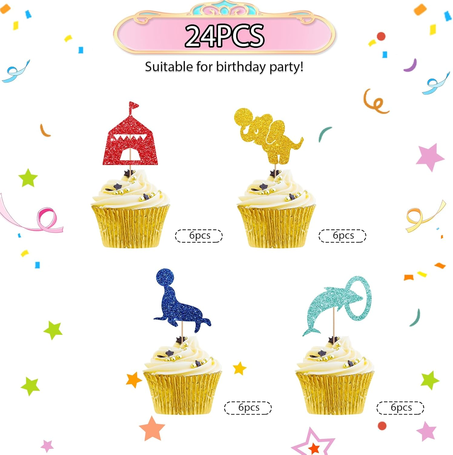 24Pcs Circus Cupcake Toppers, Circus Animal Cupcake Toppers, Colorful Glitter Carnival Cake Decoration for Kids, Carnival Themed Baby Shower/Birthday Party Supplies image number 1