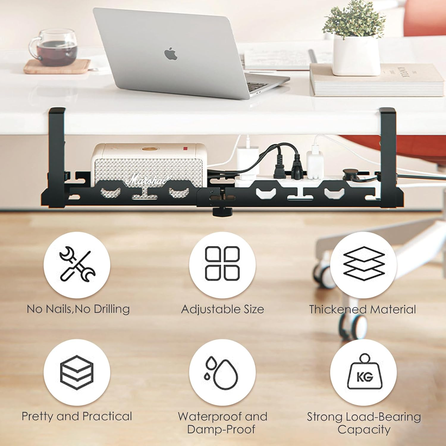 Bonaler under Desk Cable Management Tray,No Drill Retractable Clamp Mounted Desk Cable Cord Organizer for Desk,Sturdy Metal Cable Tray Basket for Home Office Computer,Black image number 3