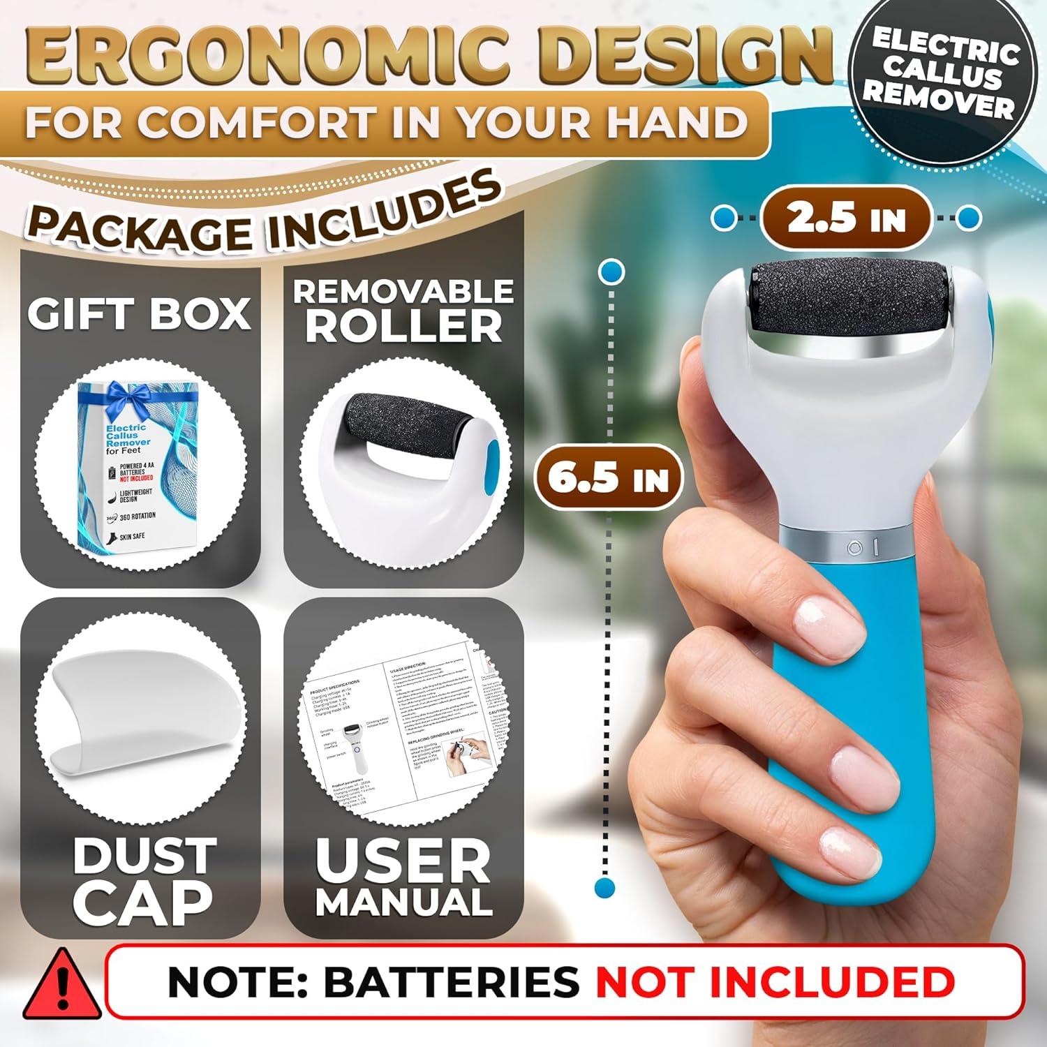 Electric Foot Callus Remover Tool | Batteries Not Included &ndash; High-Speed Foot Grinder with Easy-To-Replace Roller &ndash; On-The-Go Electric Callus Remover for Feet | Pedicure Tools for Feet Smoothing image number 3