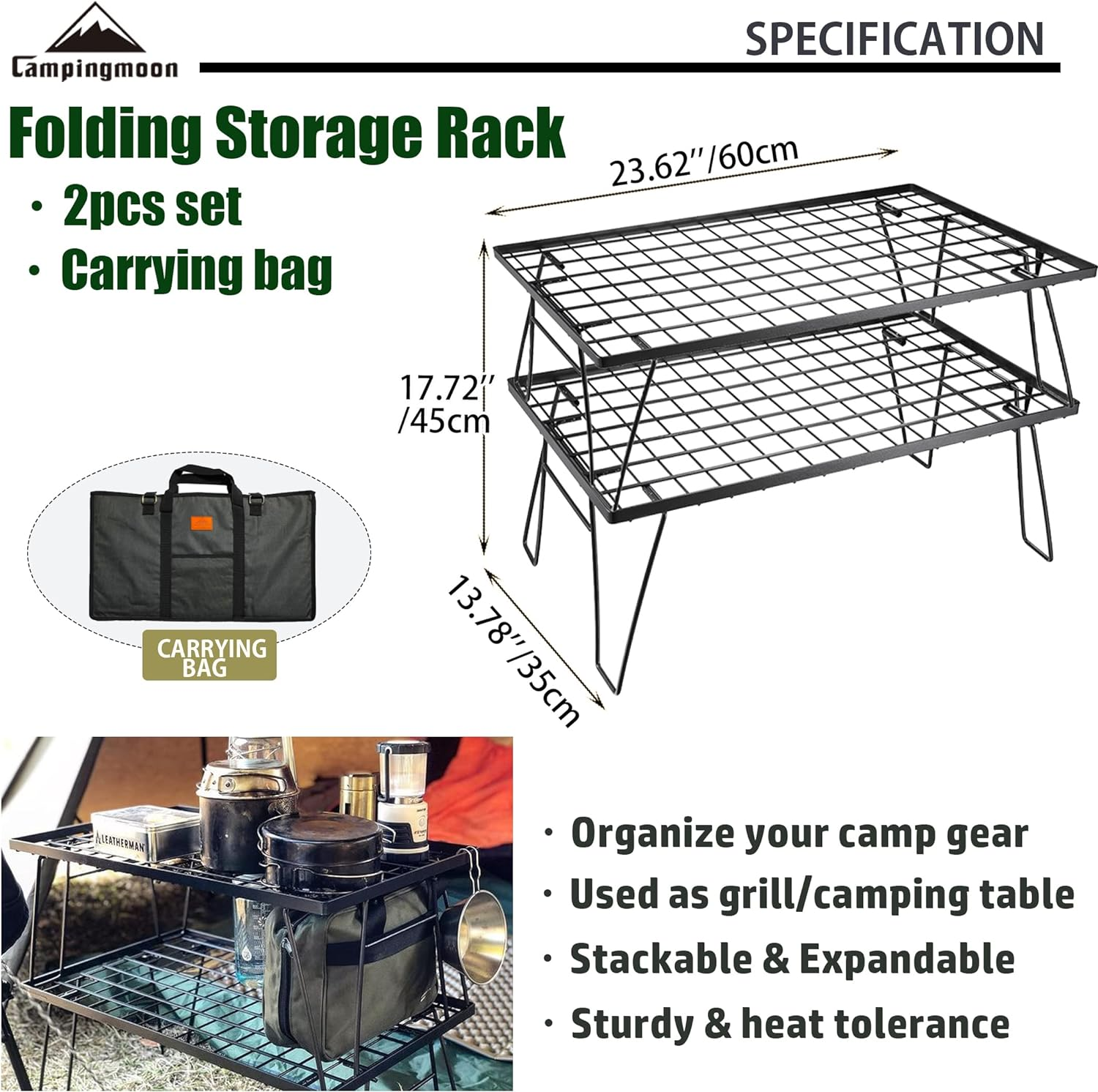 Camping Moon 2Pcs Outdoor Folding Multipurpose Storage Rack with Carrying Bag, Steel Plating Black T-230-2T image number 5